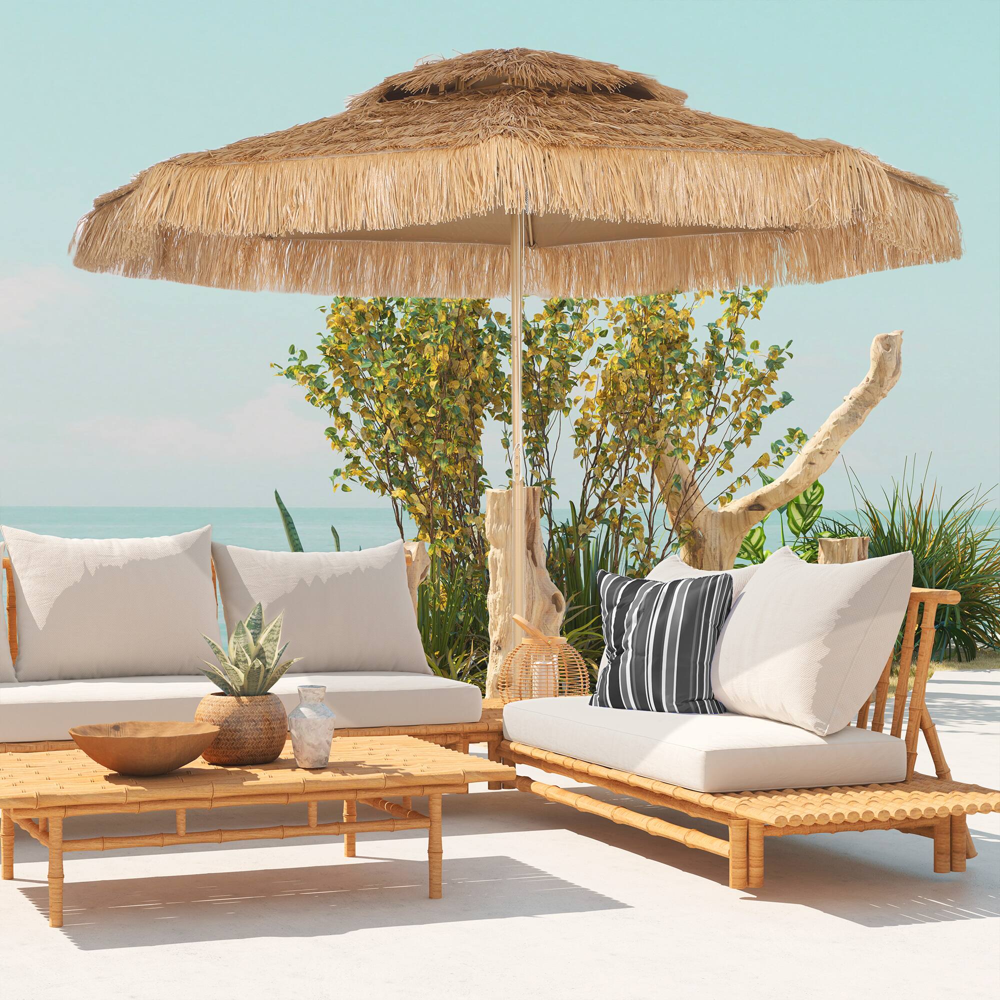 Alt View 1. Outsunny - ft. Hula Thatched Tiki Patio Outdoor Umbrella with 8 Ribs, UPF30+, for Garden, Backyard, Deck - Natural.