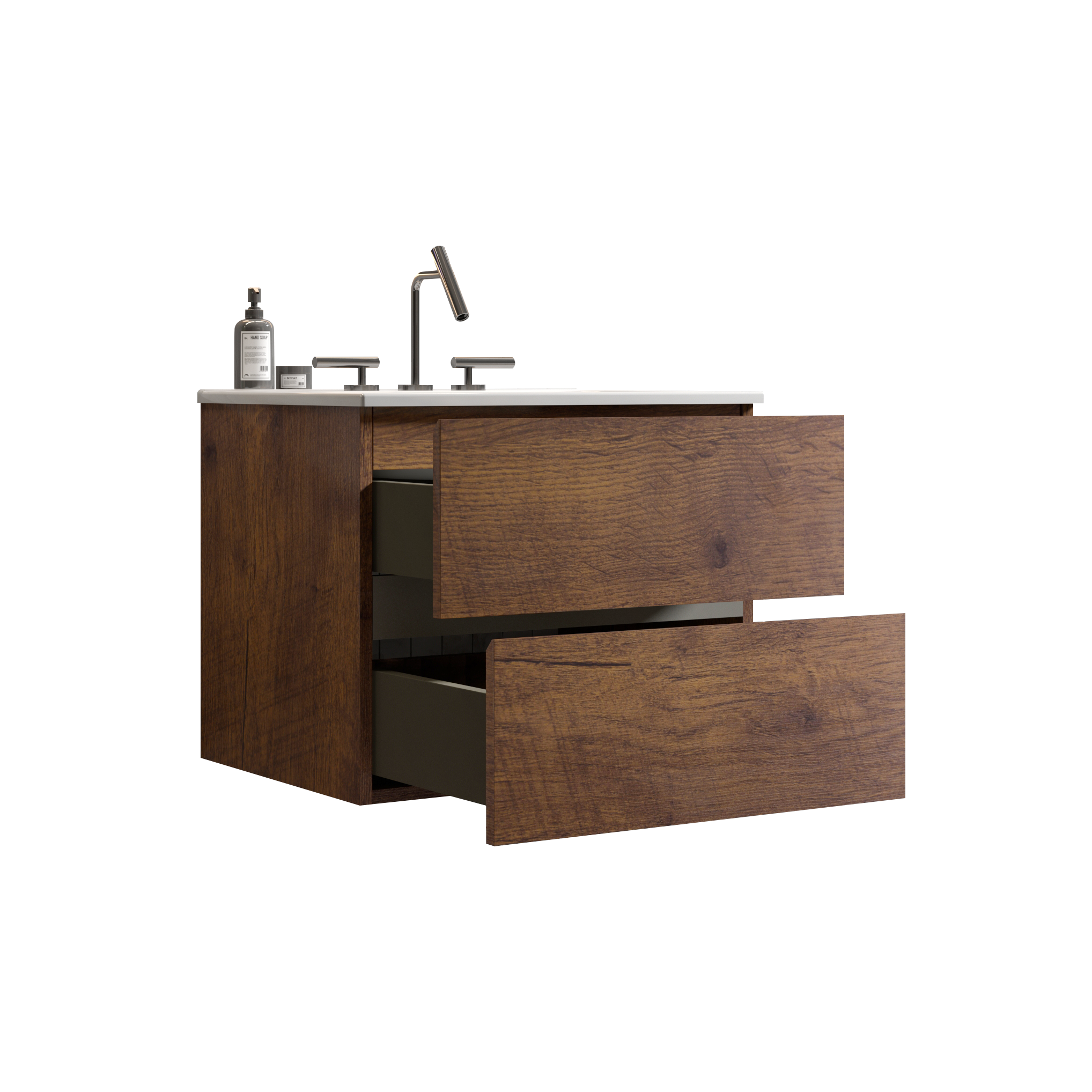 Alt View 3. Boyel Living - 24 Inch Walnut Bathroom Vanity with Ceramic Sink, Large Storage, Floating Design, One-Piece Basin, Pre-Assembled - Walnut.