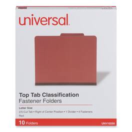 Universal - Four-Section Pressboard Classification Folders, 2" Expansion, 1 Divider, 4 Fasteners, Letter Size, Red Exterior, 10/Box