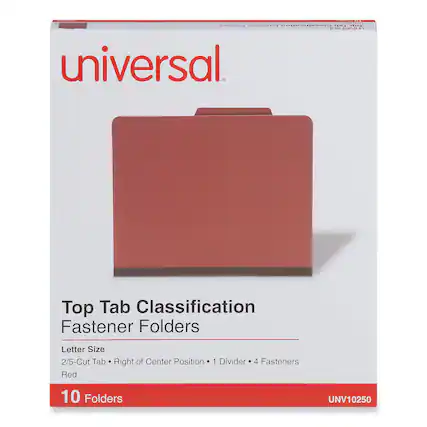 Universal
Top Tab Classification
Fastener Folders
Letter Size
2/5-Cut Tab • Right of Center Position • 1 Divider • 4 Fasteners
Red
10 Folders
UNV10250