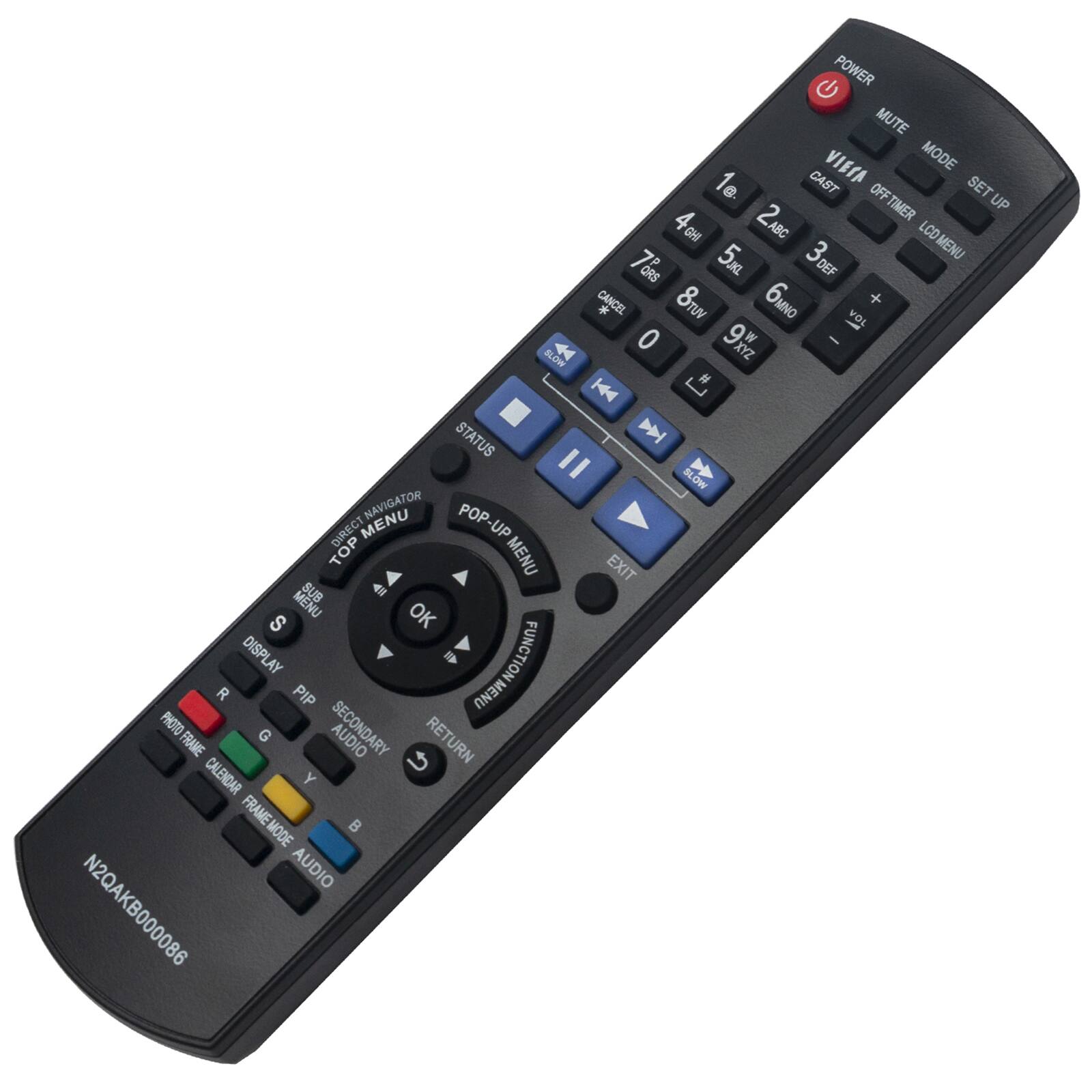 Sure, here is the corrected and grouped text from the image:

**Top Row:**
- POWER
- MUTE
- VISA
- MODE
- CAST
- OPTIMER
- SET UP
- LCO MENU

**Number Pad:**
- 1
- 2 ABC
- 3 DEF
- 4 GHI
- 5 JKL
- 6 MNO
- 7 PQRS
- 8 TUV
- 9 WXYZ
- 0
- * VOL -
- # SLOW

**Middle Row:**
- CANCEL
- LCO P
- 3 ORS
- DEF
- CANCEL
- 8T
- OMNO
- 6
- +
- VOL -
- A
- 0
- 95
- XYZ
- W
- SLOW
- #
- K4
- U
- STATUS
- D
- I
- BLOW

**Bottom Row:**
- NAVIGATOR
- POP-UP
- DIRECT MENU
- TOP MENU
- EXIT
- SUB MENU
- OK
- DISPLAY FUNCTION
- PIP MENU
- PHOTO
- FRAME
- AUDIO
