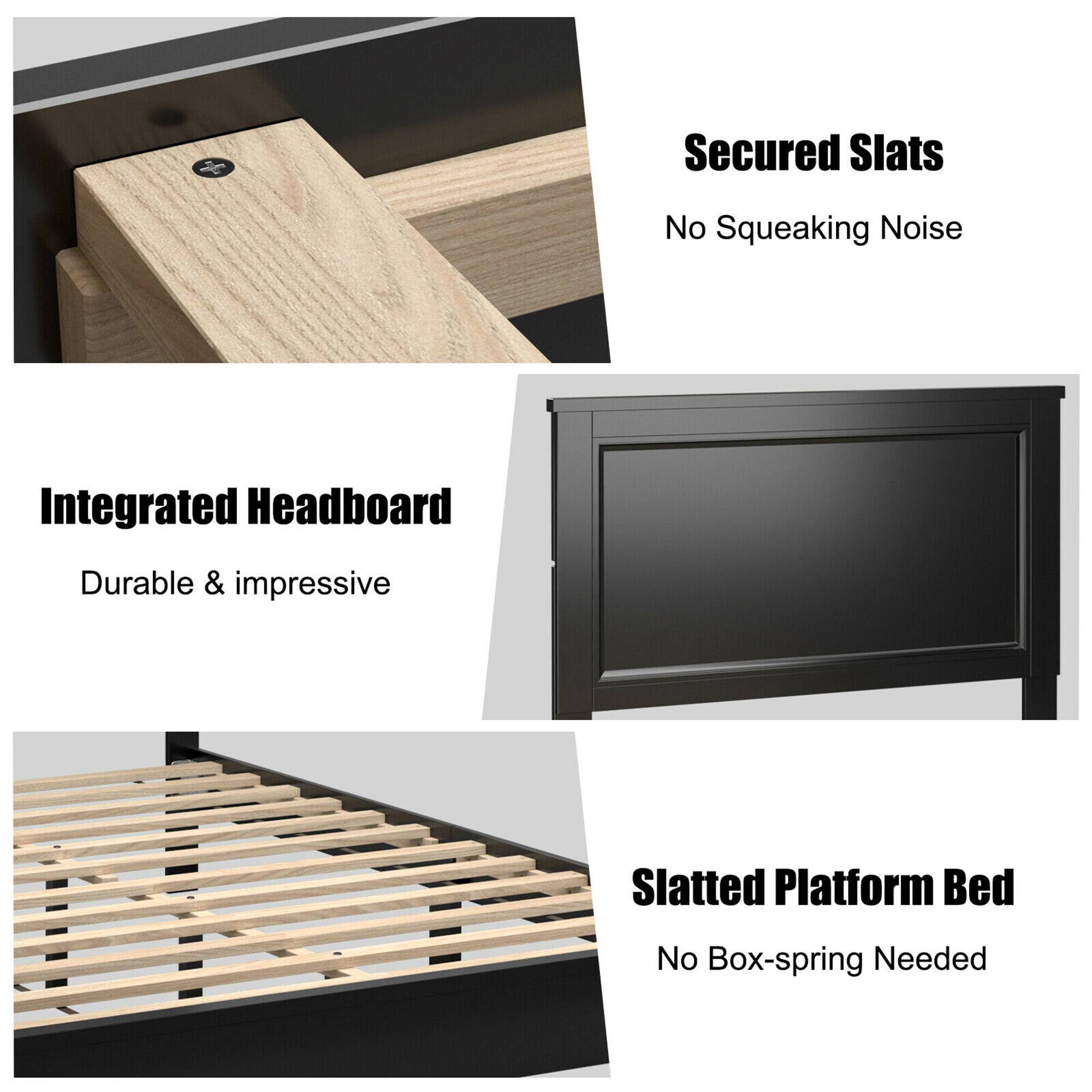 The text on the image can be grouped and corrected as follows:
Secured Slats: No Squeaking Noise
Integrated Headboard: Durable & Impressive
Slatted Platform Bed: No Box-spring Needed