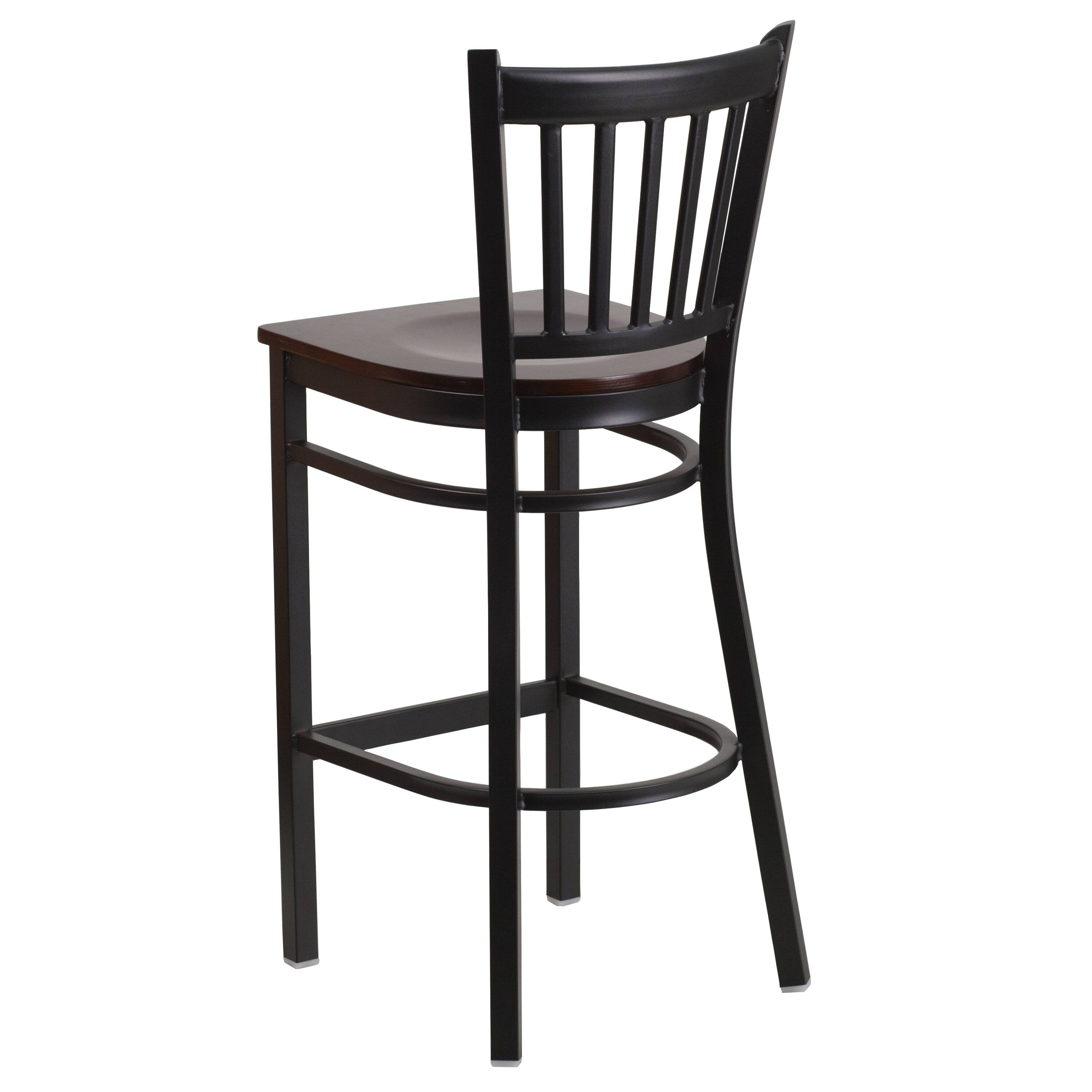 Alt View 4. Emma + Oliver - 2 Pack Vertical Back Metal Restaurant Barstool - Walnut Wood Seat/Black Metal Frame.