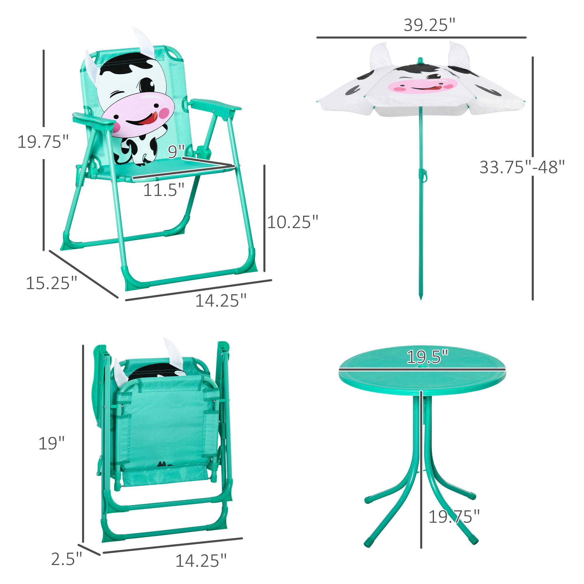 - Chair dimensions:
  - Height: 19.75"
  - Width: 15.25"
  - Depth: 14.25"
  - Seat height: 10.25"
  - Seat width: 19"
  - Armrest height: 9"
  - Backrest height: 11.5"
  - Folded height: 2.5"

- Table dimensions:
  - Diameter: 19.5"
  - Height: 19.75"

- Umbrella dimensions:
  - Diameter: 39.25"
  - Height: 33.75"-48"