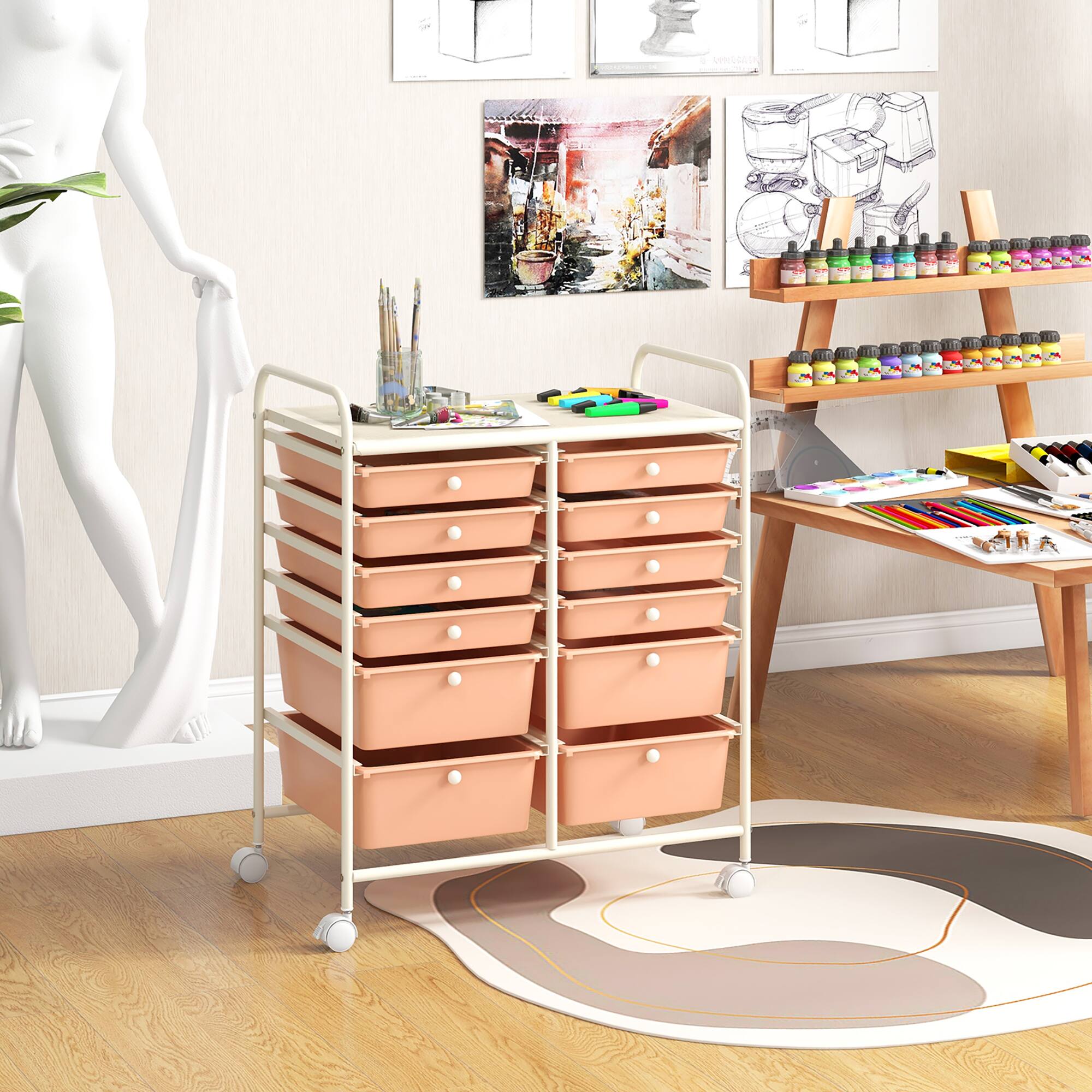 Alt View 1. Gymax - Gymax 12-Drawer Rolling Storage Cart w/ 2 Sizes Plastic Drawers Skin Pink - Skin Pink.