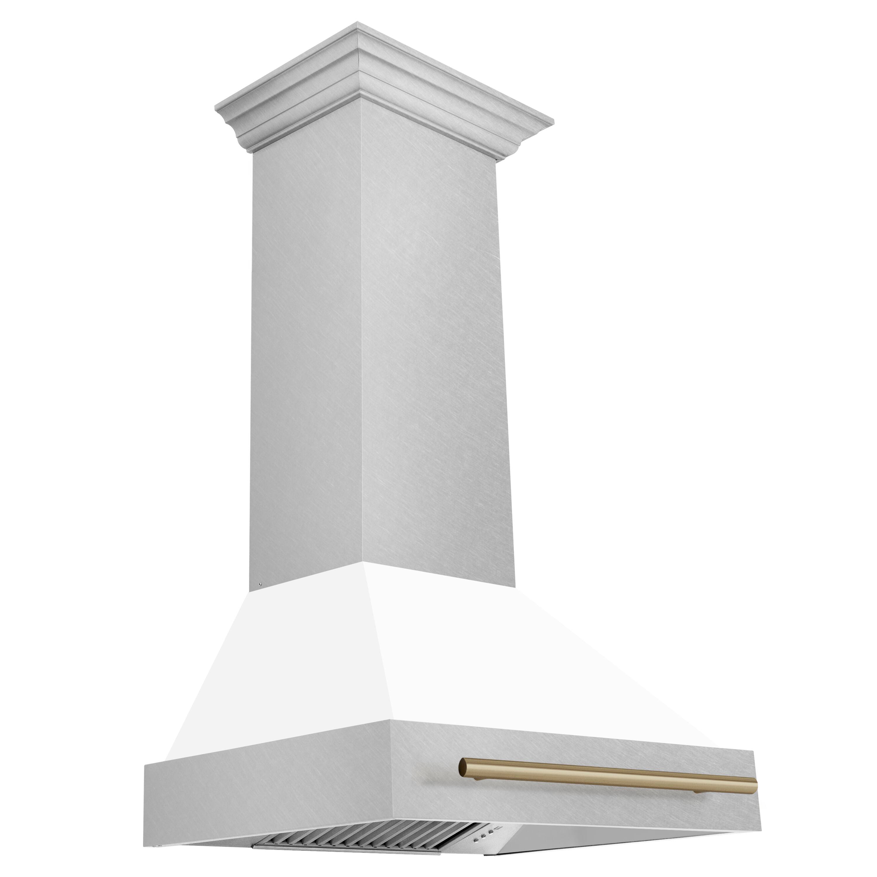Left. ZLINE - ZLINE Autograph 30 in. Satin Stainless Steel Wall Mount Range Hood with White Matte Shell and Champagne Bronze Handle - Satin Stainless Steel with White Matte Shell.