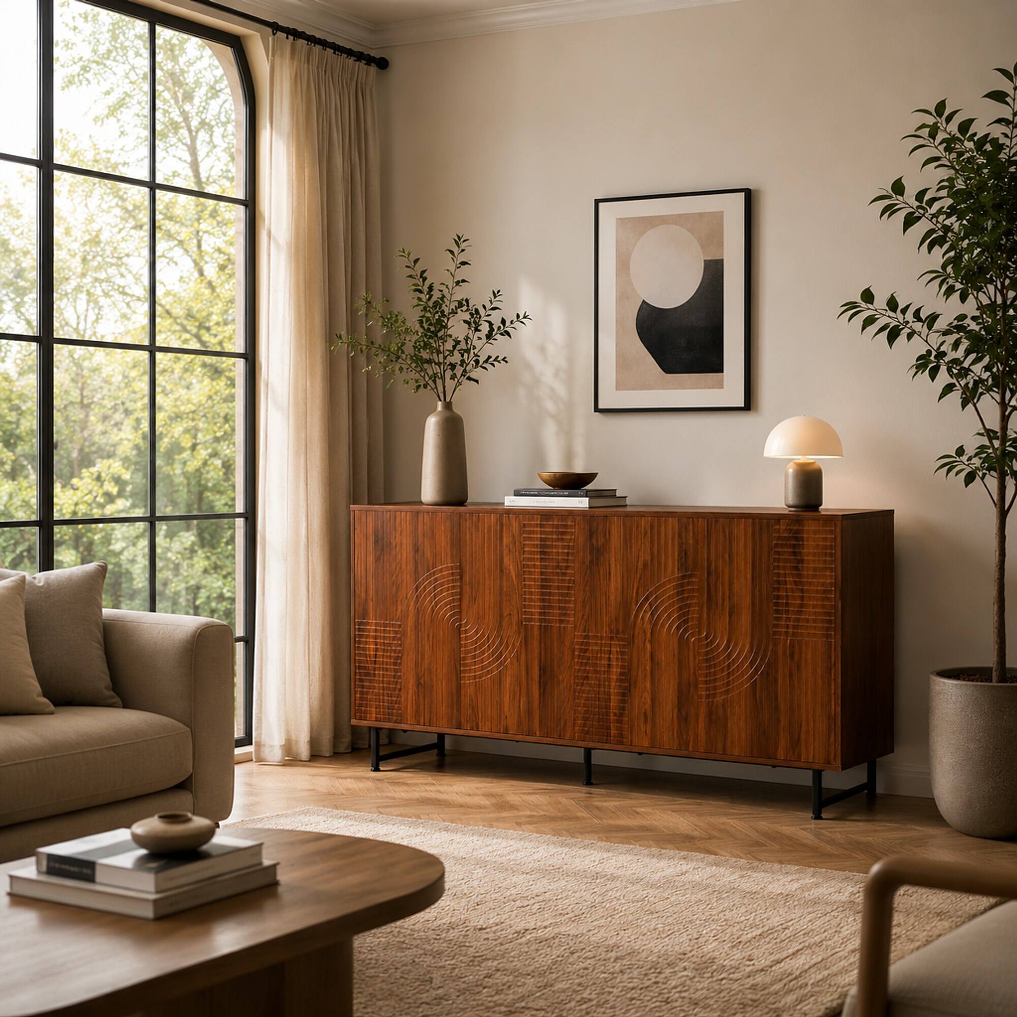 Back. RYHNUYNE - Freestanding Mid-Century Modern Walnut Sideboard Buffet Cabinet with Geometric Carved Storage, Metal Legs - Wood.