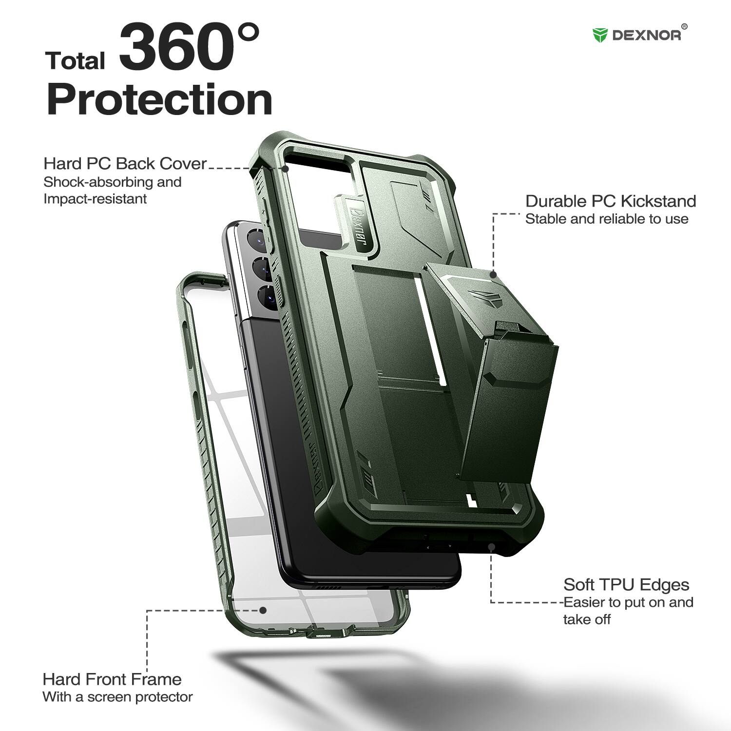 Total 360° Protection

- Hard PC Back Cover
  - Shock-absorbing and Impact-resistant

- Durable PC Kickstand
  - Stable and reliable to use

- Soft TPU Edges
  - Easier to put on and take off

- Hard Front Frame
  - With a screen protector