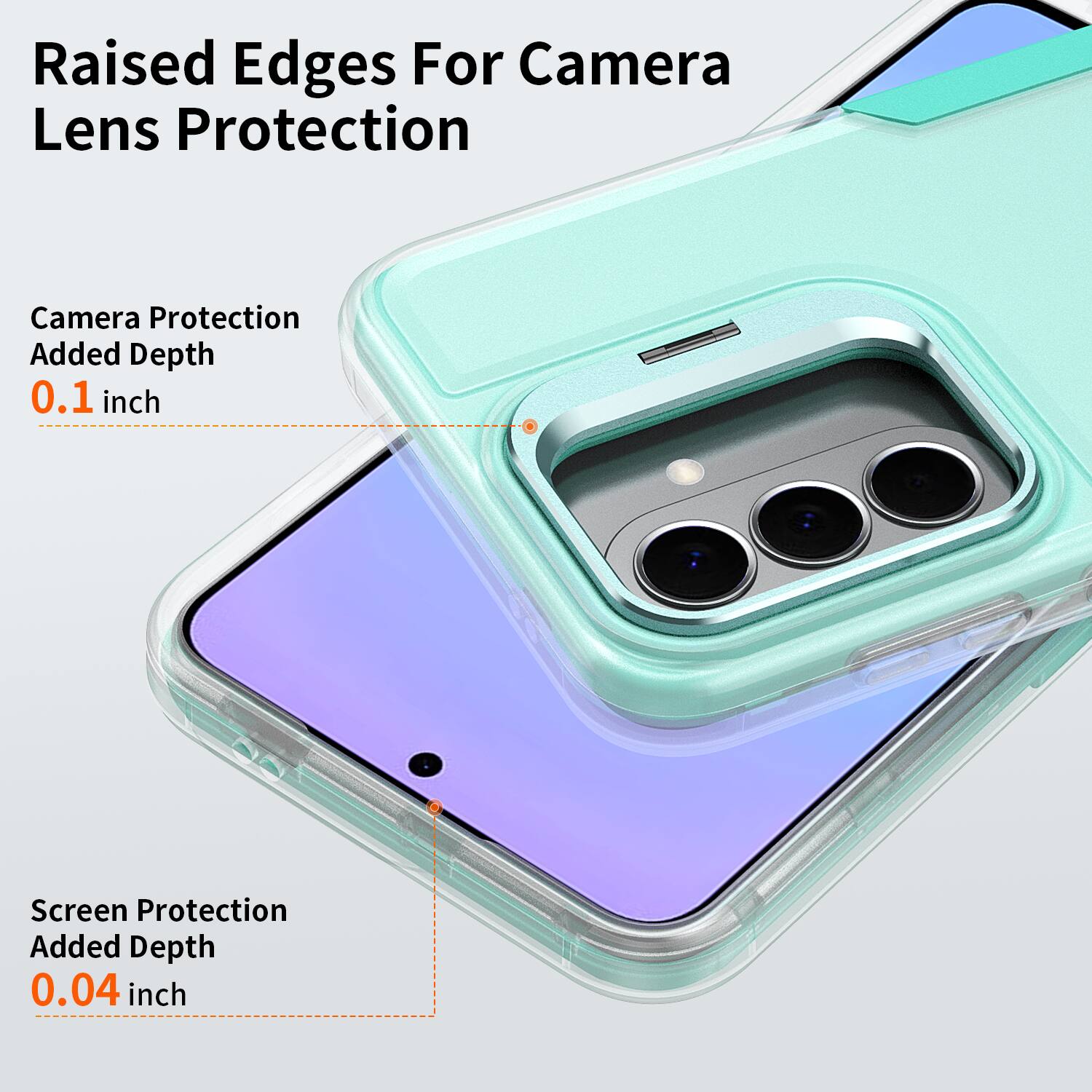Raised Edges For Camera Lens Protection  
Camera Protection Added Depth 0.1 inch  
Screen Protection Added Depth 0.04 inch
