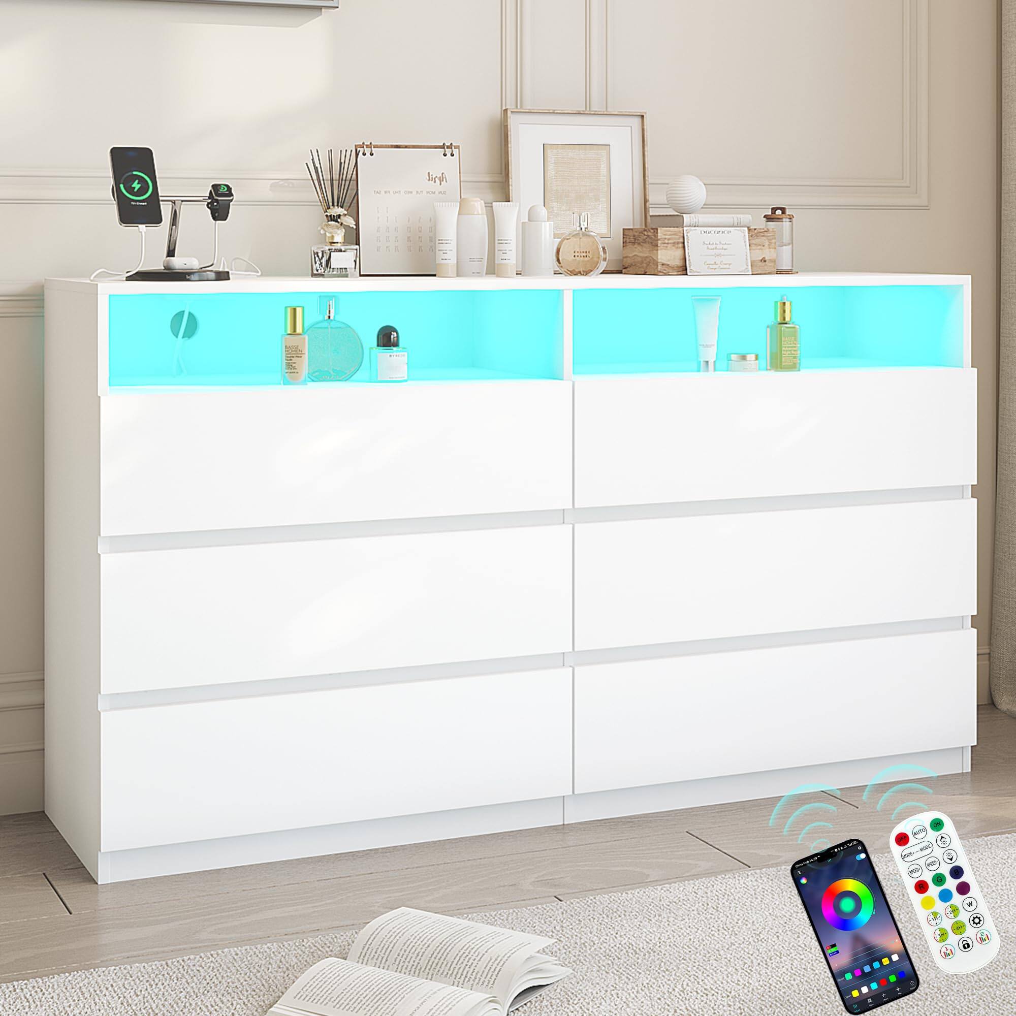 Left. Dyonery - Modern 6-Drawer Double Dresser with Power Outlet & LED Lights, Wide Storage Chest with Open Shelving - White.