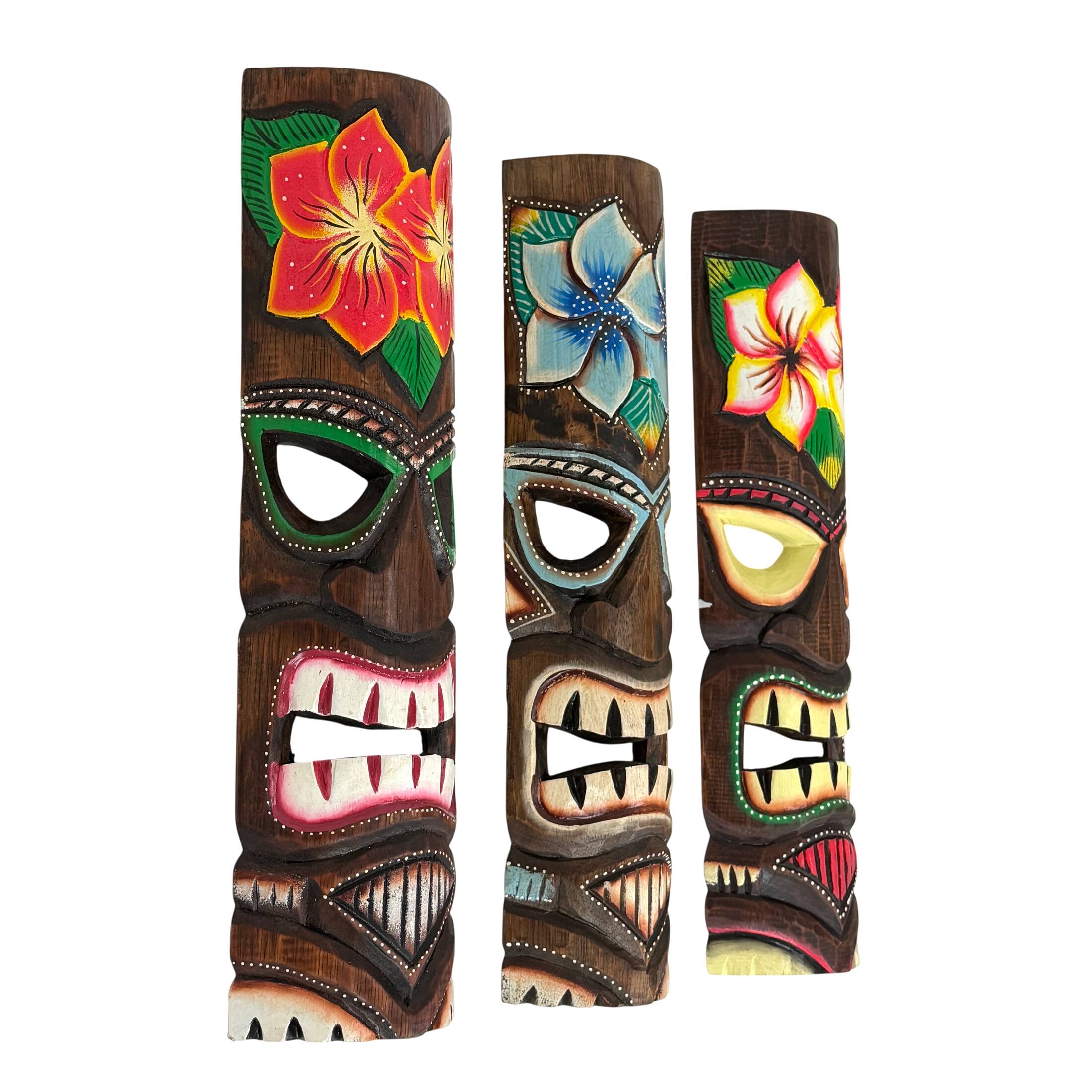 Alt View 1. Zeckos - Hand Carved Wooden Tiki Mask Wall Sculptures Set of 3 Tropical 19 Inch - Multicolored.