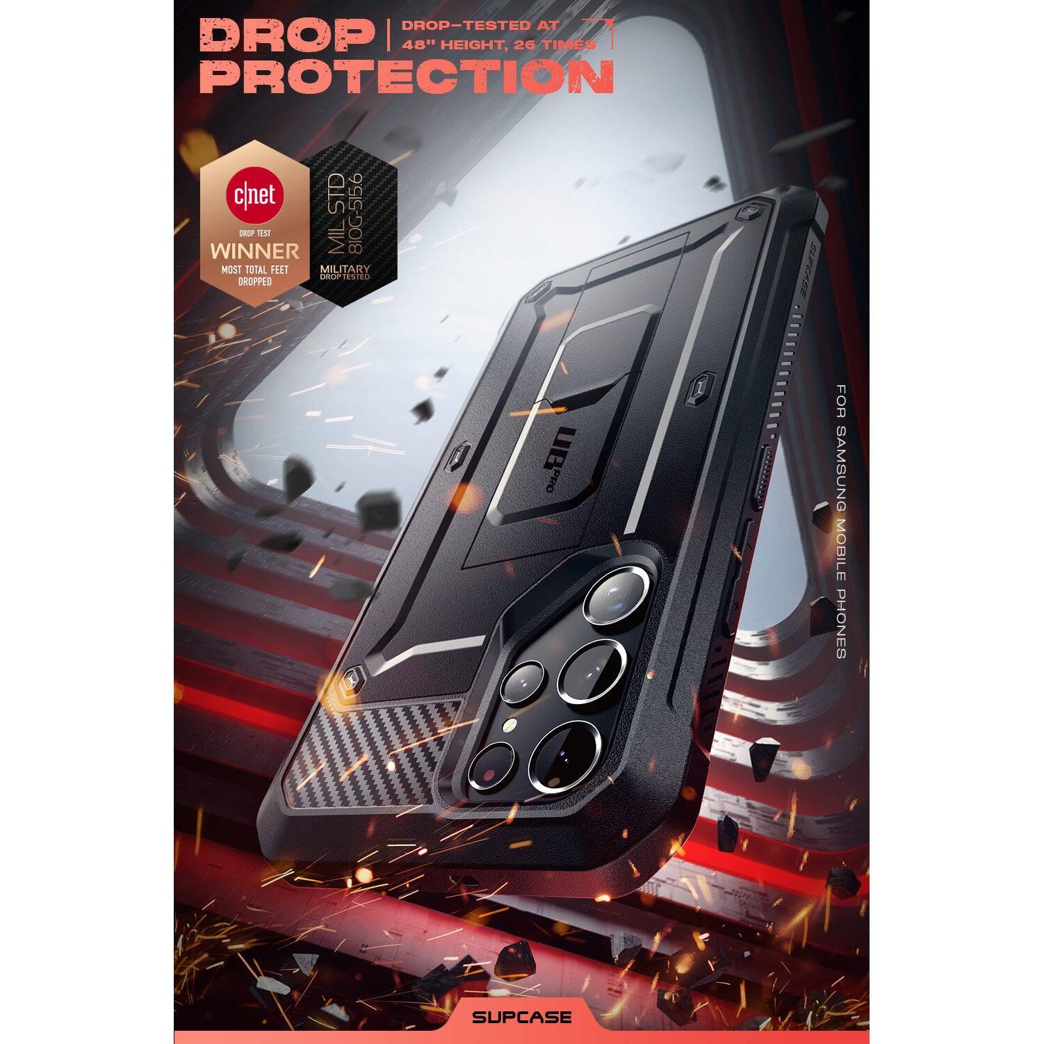 DROP PROTECTION

DROP-TESTED AT 48" HEIGHT, 26 TIMES

cnet WINNER
MOST TOTAL FEET DROPPED
MILITARY DROP TESTED

SUPCASE

FOR SAMSUNG MOBILE PHONES