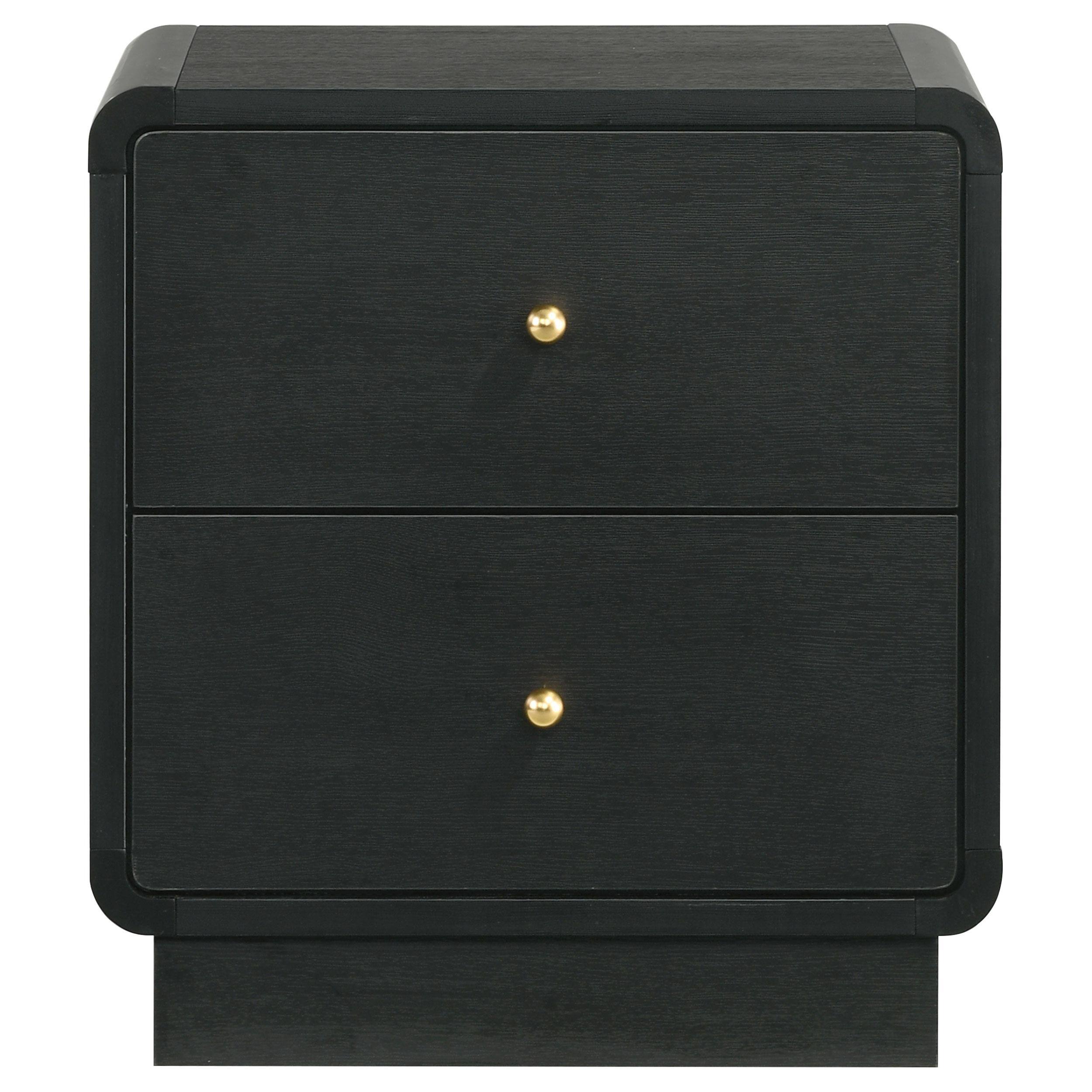 Angle. Manhattan Lane - Cavy Nightstand, 2 Storage Drawers, Wood, Round Knobs - Black, Gold.