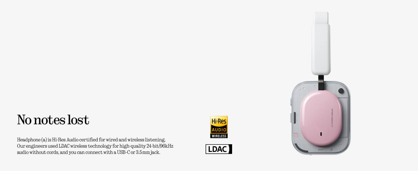 No notes lost

Headphone (a) is Hi-Res Audio certified for wired and wireless listening. Our engineers used LDAC wireless technology for high-quality 24-bit/96kHz audio without cords, and you can connect with a USB-C or 3.5 mm jack.

Hi-Res AUDIO WIRELESS LDAC