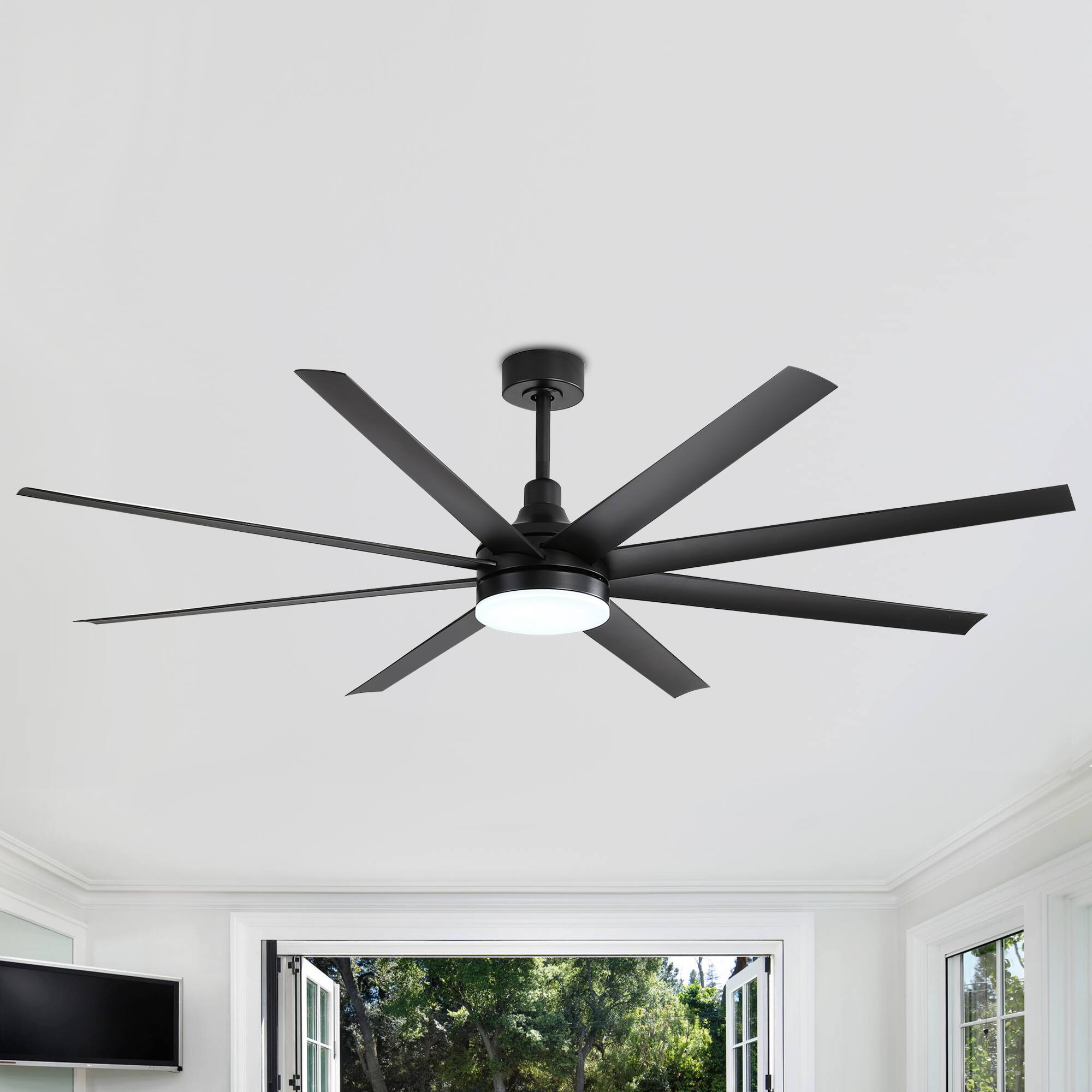Back. Breezary - 72" Large Indoor Ceiling Fan with Remote, 8 ABS Blades, 6-Speed DC Motor, Timer, 7''/12''Downrods, Light/No Light Option - Black (With Light).