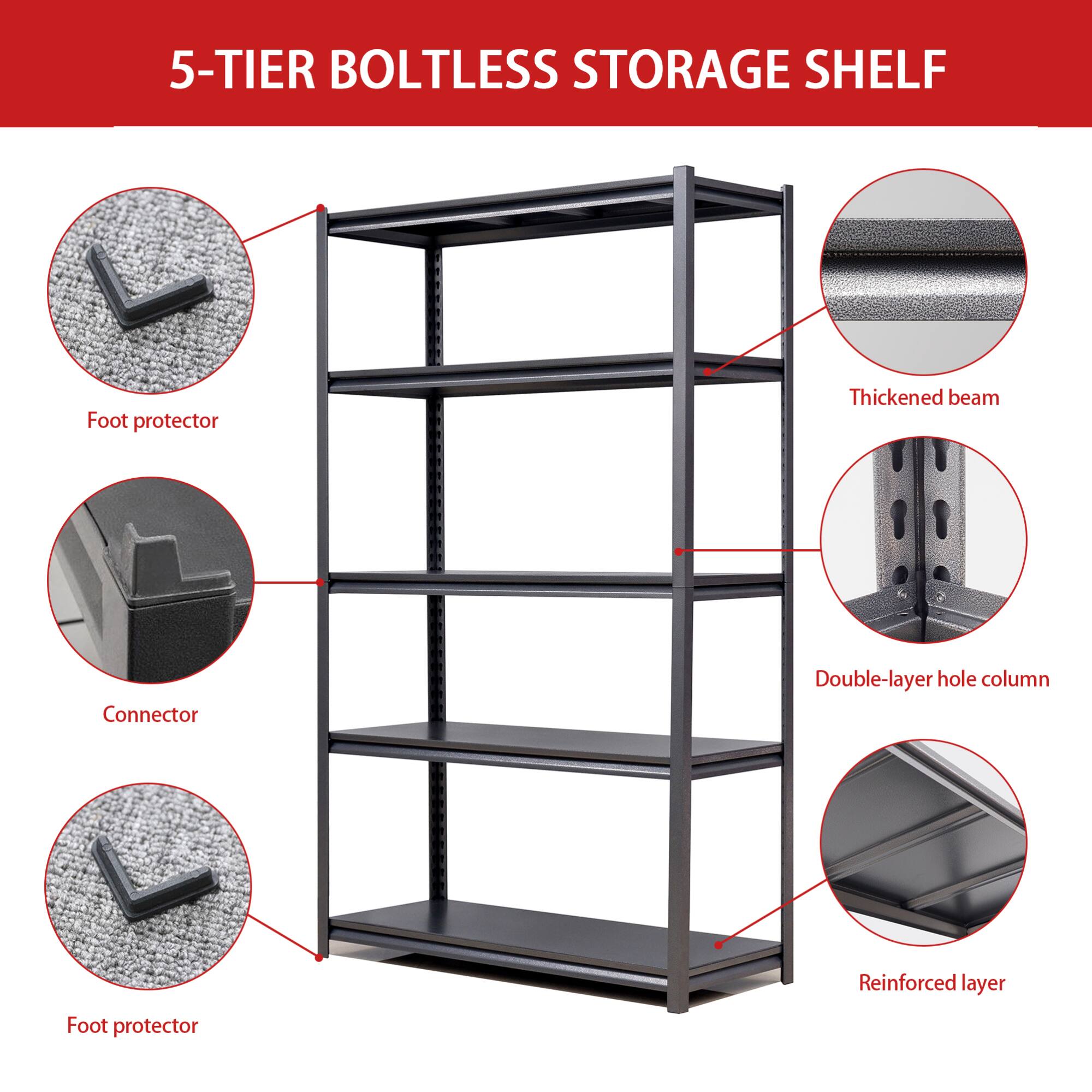 5-TIER BOLTLESS STORAGE SHELF

- Foot protector
- Thickened beam
- Connector
- Double-layer hole column
- Foot protector
- Reinforced layer