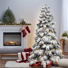 Pefilos - 8Ft Flocked Snowy Christmas Tree with 470 Warm LEDs, Hinged Structure, Memory Wire Tips - White