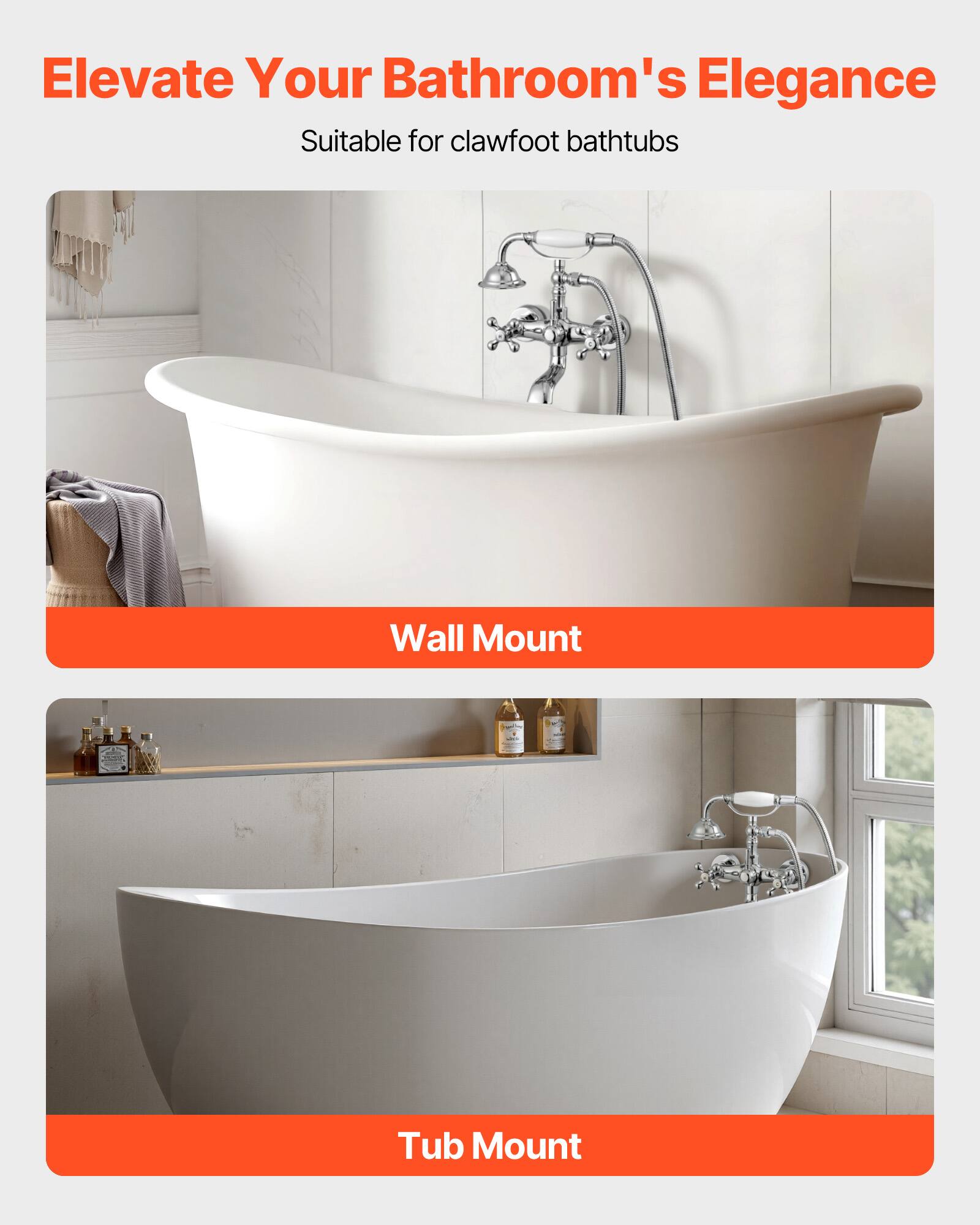 Elevate Your Bathroom's Elegance  
Suitable for clawfoot bathtubs  

Wall Mount  

Tub Mount