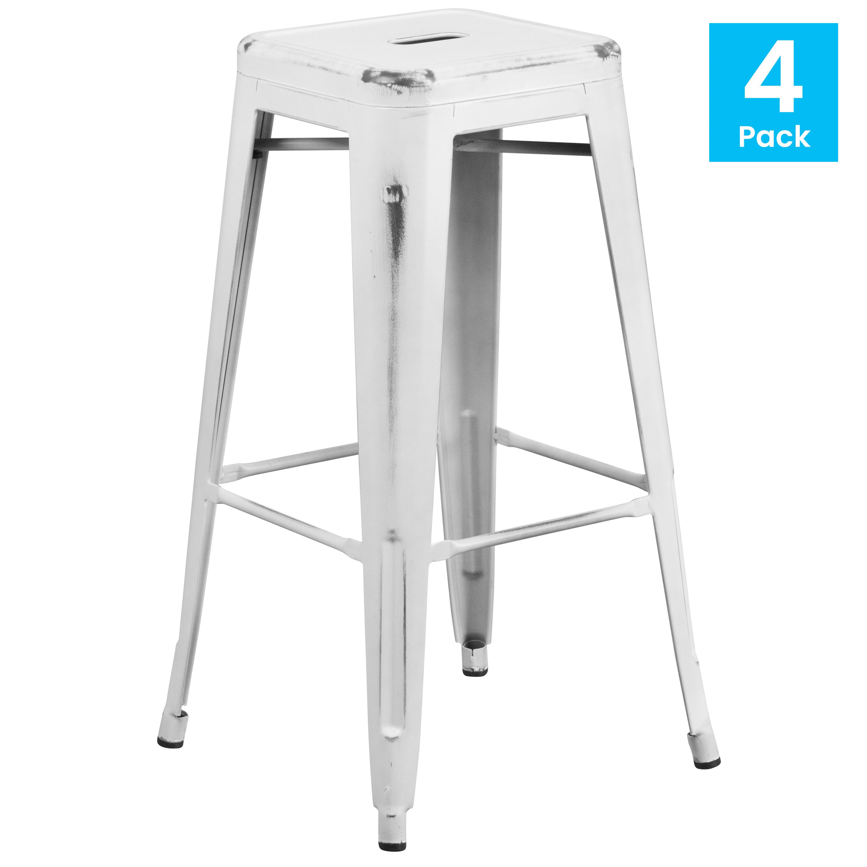 Alt View 1. Emma + Oliver - Commercial Grade 4 Pack 30" High Backless Distressed Metal Indoor-Outdoor Barstool - White.