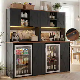 Aheaplus - 2-Pack 74" All-in-One Beverage Station: Dual Mini Fridge Slots, 10 Charging Ports, LED Lighting, Rustic Storage - Black