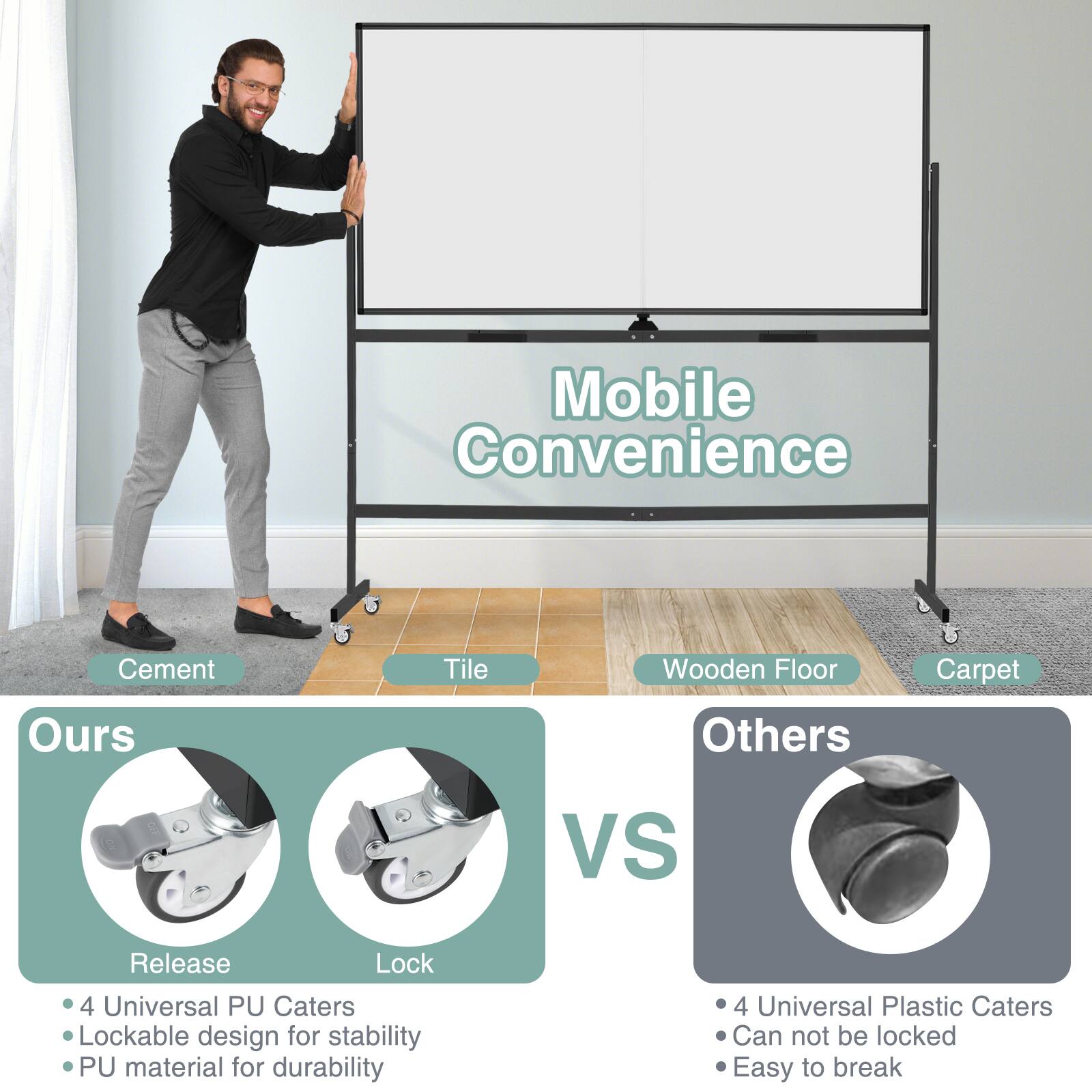 Mobile Convenience

Cement Tile Wooden Floor Carpet

Ours

Release Lock

4 Universal PU Caters
Lockable design for stability
PU material for durability

Others

VS

4 Universal Plastic Caters
Can not be locked
Easy to break