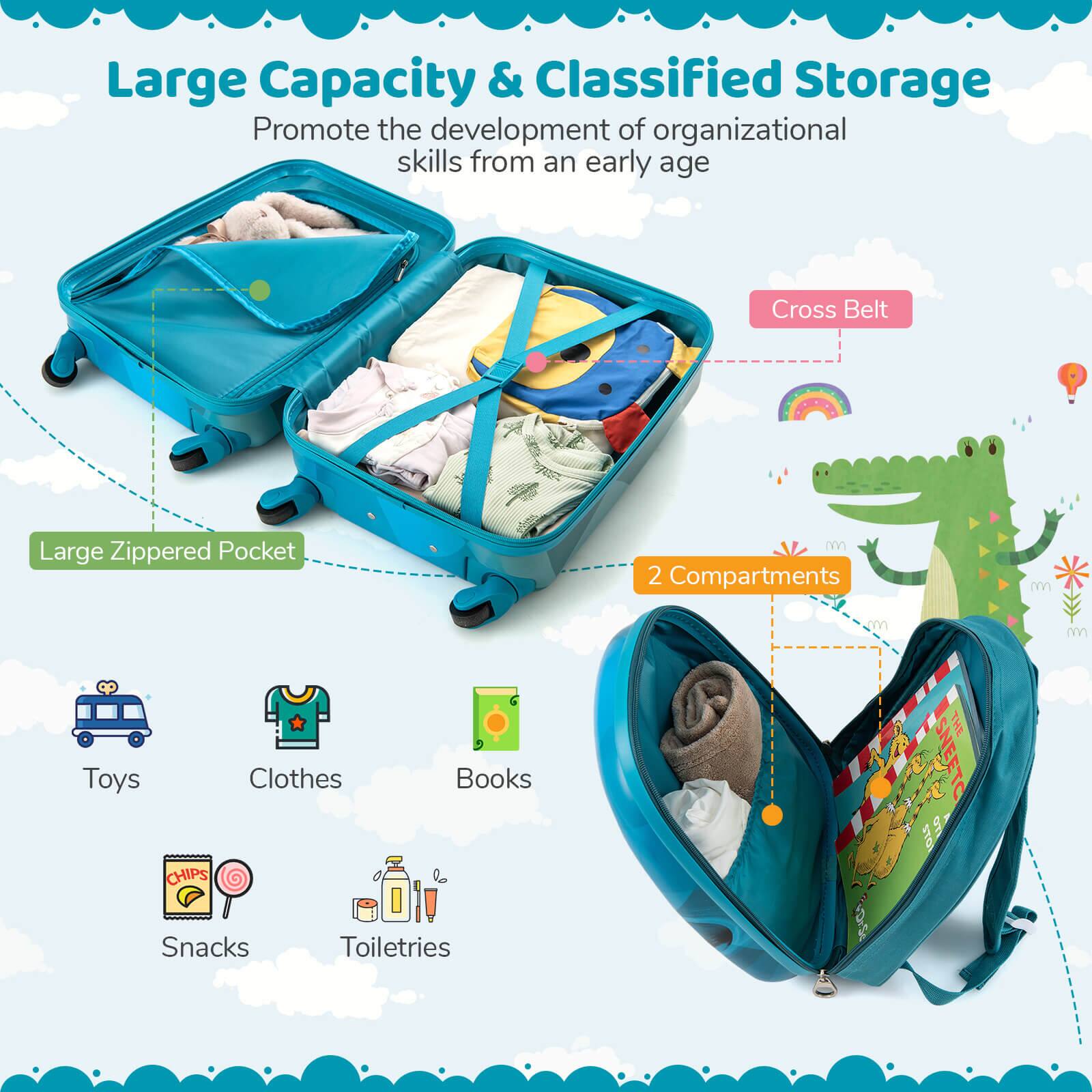 Large Capacity & Classified Storage  
Promote the development of organizational skills from an early age  

- Large Zippered Pocket  
- Cross Belt  
- 2 Compartments  

Toys  
Clothes  
Books  
Snacks  
Toiletries