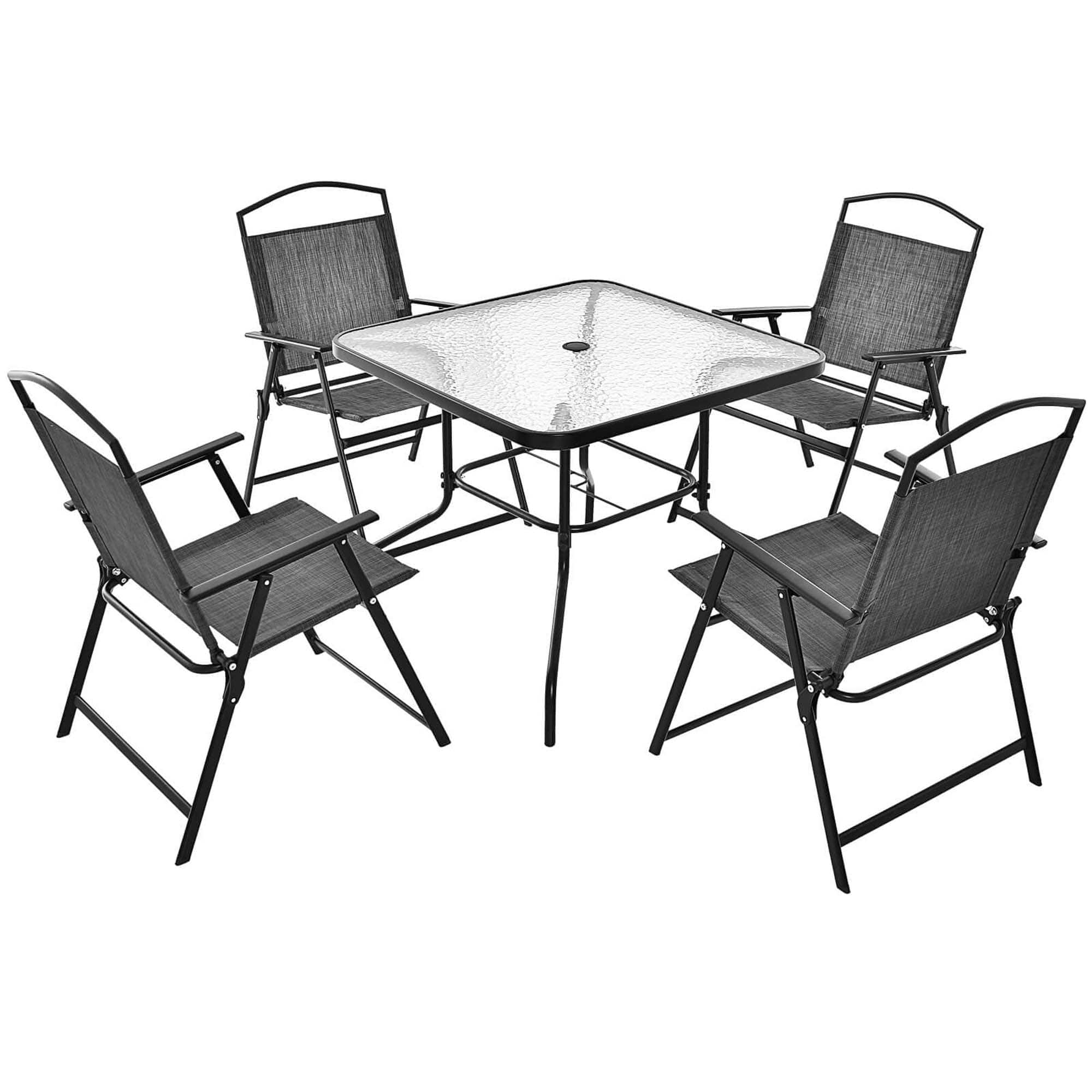 Costway - Patio Dining Set for 4 Folding Chairs & Dining Table Set with Umbrella Hole - Gray, Black