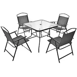 Costway - Patio Dining Set for 4 Folding Chairs & Dining Table Set with Umbrella Hole - Gray, Black