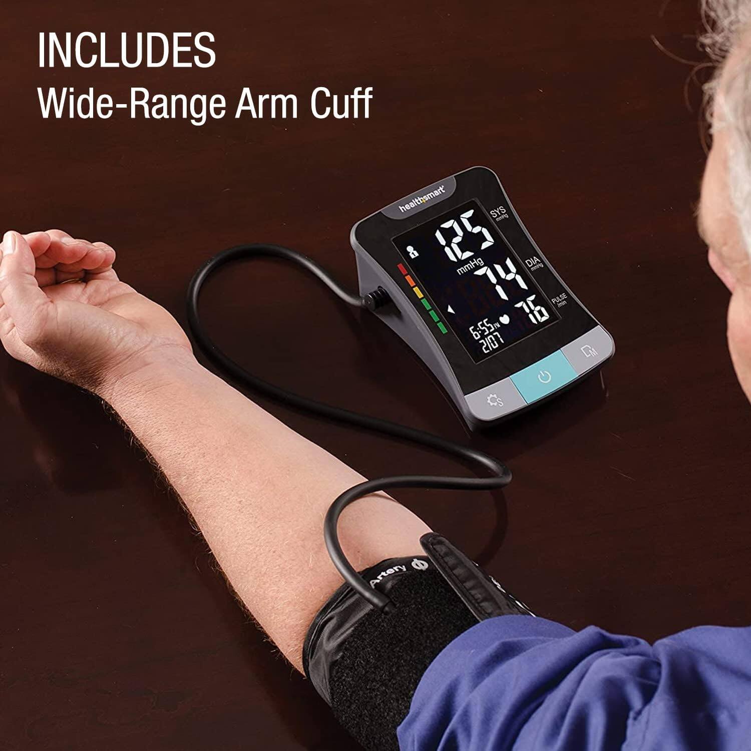 INCLUDES  
Wide-Range Arm Cuff  

HealthSmart  
SYS 125 mmHg  
DIA 74 mmHg  
PULSE 76  
6:55  
207