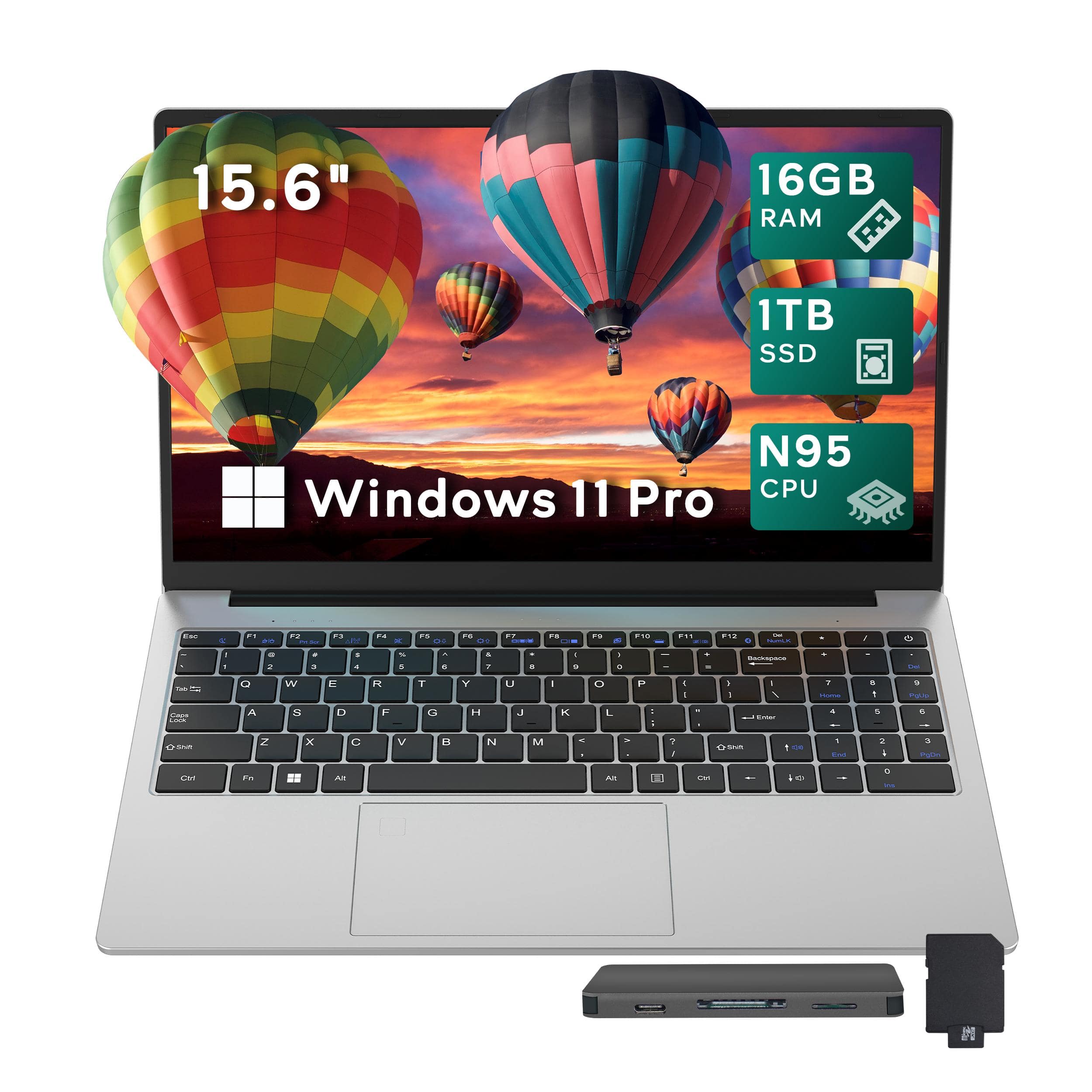 Hotface - 15.6" FHD Laptop, Intel Processor N95, 16GB RAM, 1TB SSD+1TB Dock Set, Intel UHD Graphics, Win 11 Pro - Silver