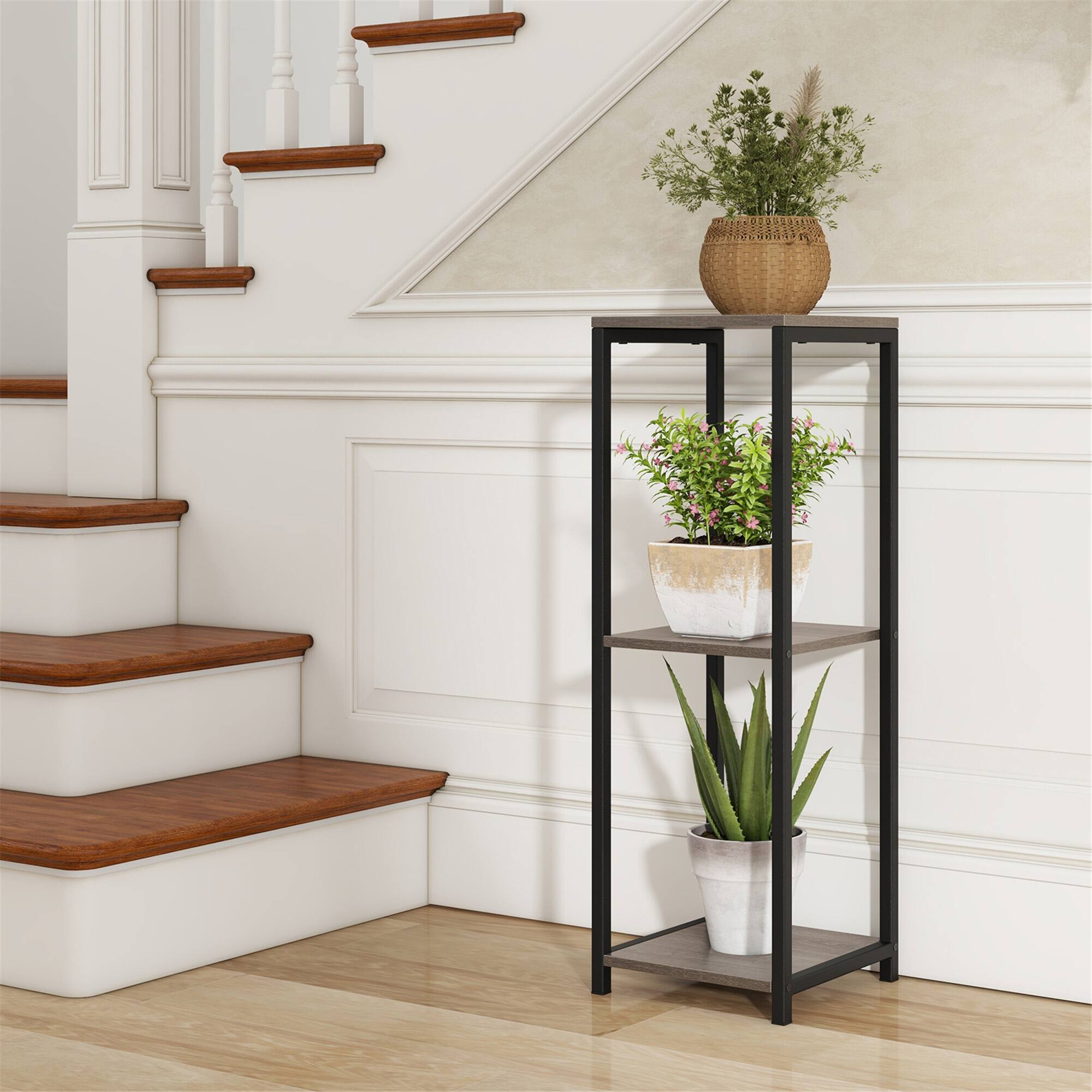 Alt View 1. Gymax - Gymax 3 Tier Tall Metal Plant Stand Corner Plant Holder w/ Metal Frame - Grey, Black.