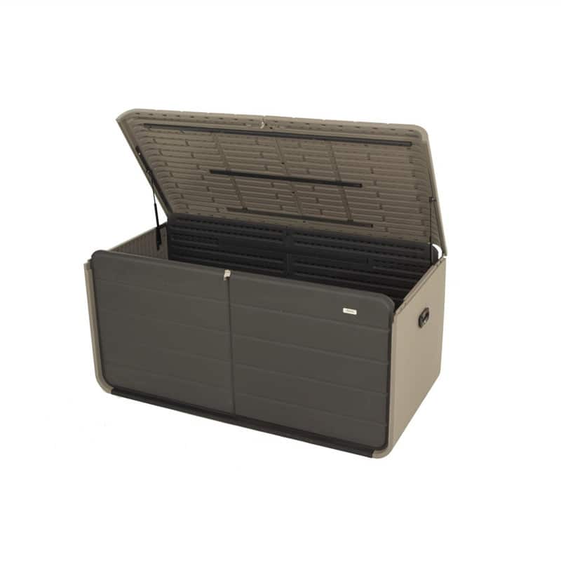 HTUTWOO - 200 Gallon Plastic Deck Box - Large Patio Storage Box with Lock Wheels Waterproof Lid for Cushions Garden Pool Supplies - Gray