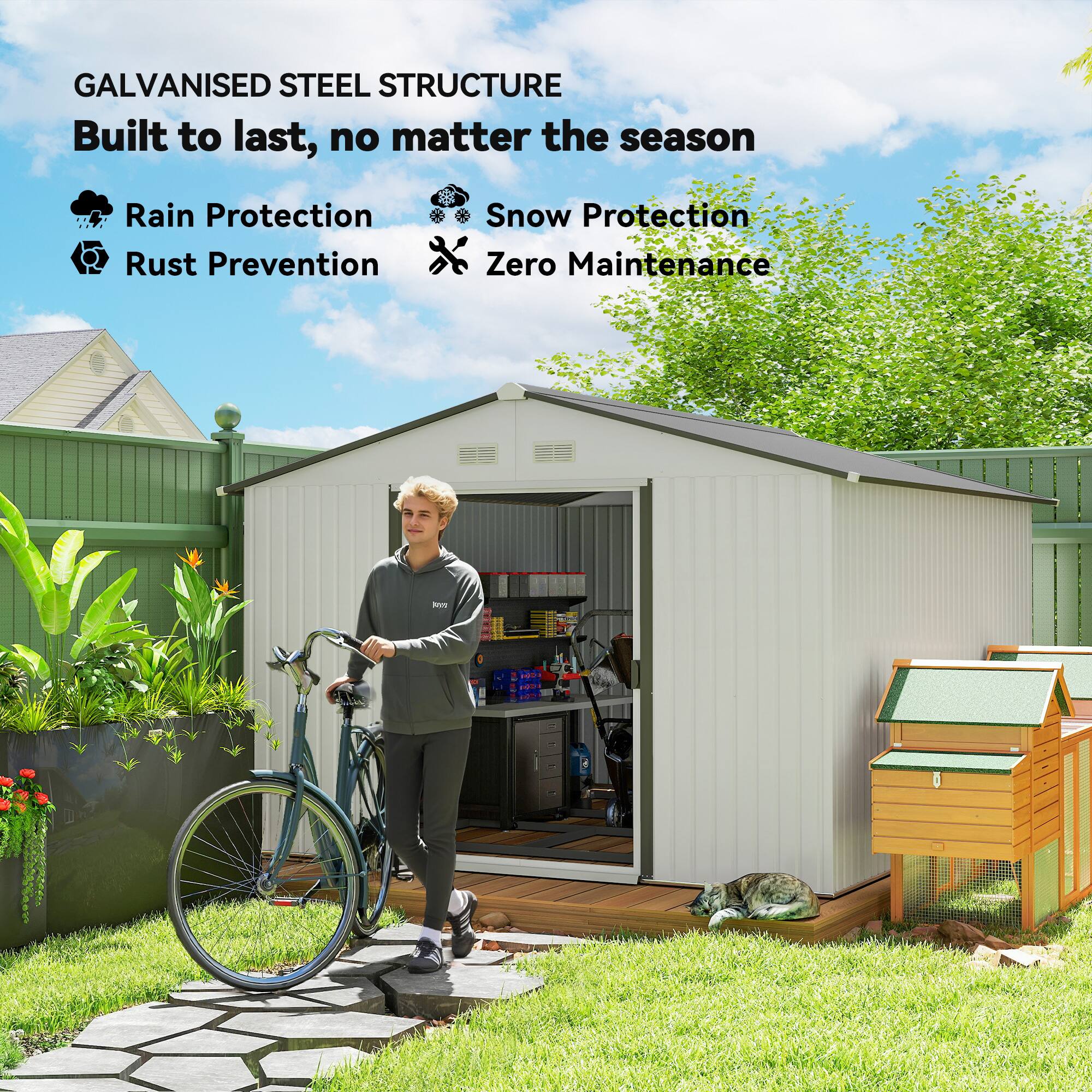 GALVANISED STEEL STRUCTURE  
Built to last, no matter the season  

- Rain Protection  
- Snow Protection  
- Rust Prevention  
- Zero Maintenance