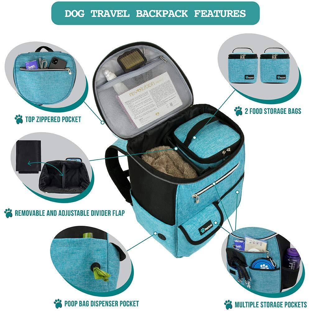 DOG TRAVEL BACKPACK FEATURES

- TOP ZIPPERED POCKET
- 2 FOOD STORAGE BAGS
- REMOVABLE AND ADJUSTABLE DIVIDER FLAP
- POOP BAG DISPENSER POCKET
- MULTIPLE STORAGE POCKETS