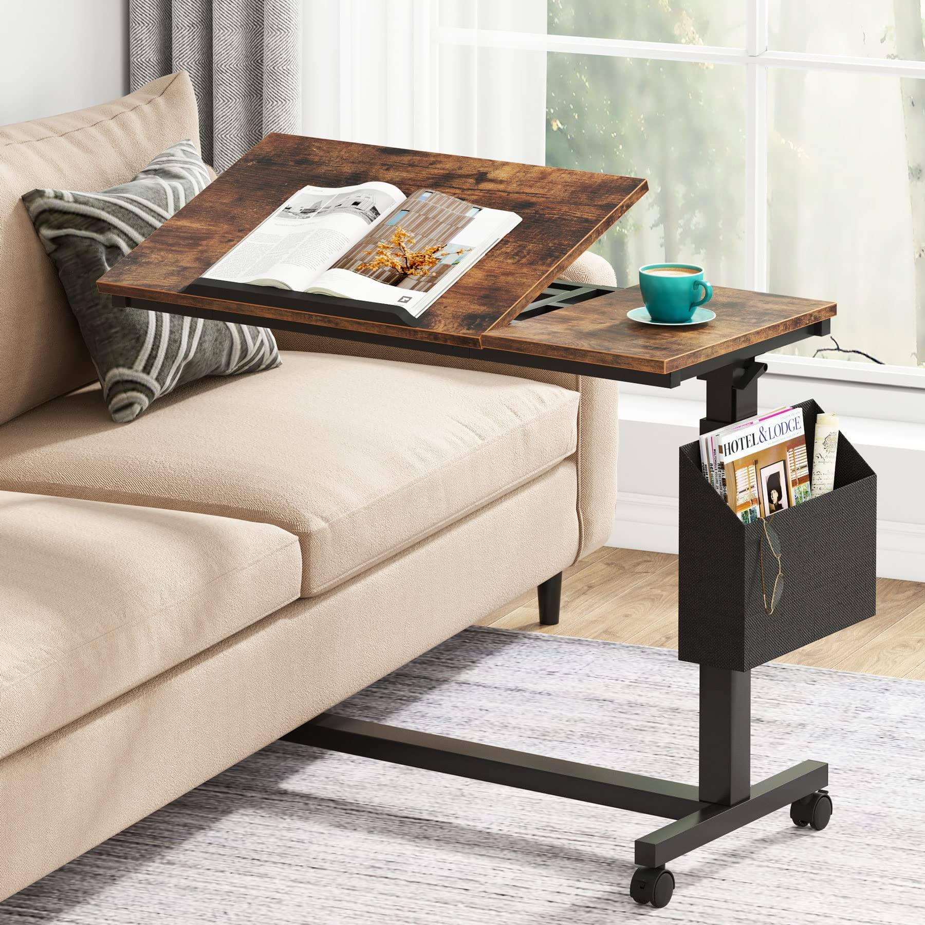 Tribesigns - Height-Adjustable C-Shaped Mobile Laptop Desk with Wheels, Tilting Top and Side Pocket for Sofa or Bedside - Rustic Brown