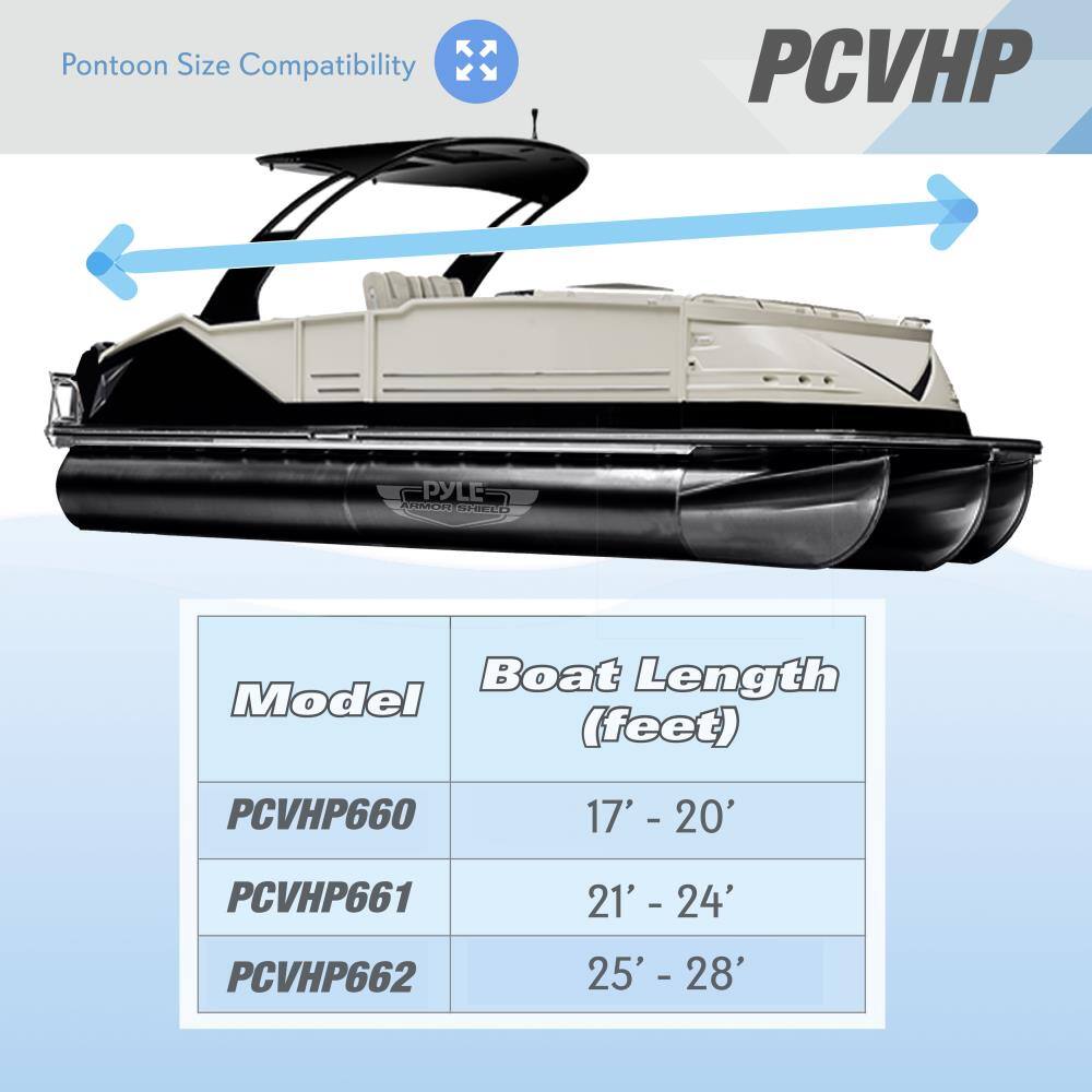 Pontoon Size Compatibility PCVHP PYLE

Model | Boat Length (feet)
--- | ---
PCVHP660 | 17' - 20'
PCVHP661 | 21' - 24'
PCVHP662 | 25' - 28'