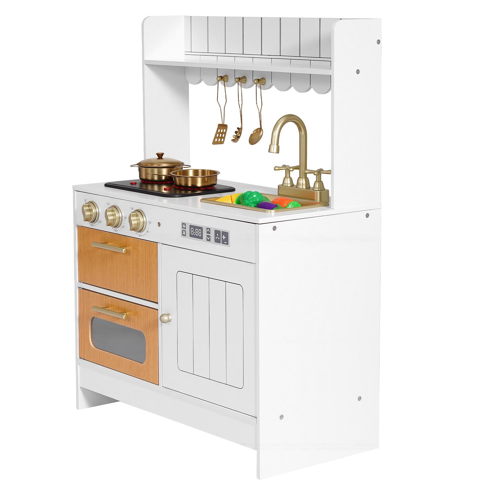 Alt View 5. VEVOR - Play Kitchen for Kids, Wooden, Kids Kitchen Playset with Real Lights & Sounds, Food & Cookware Accessories - White.