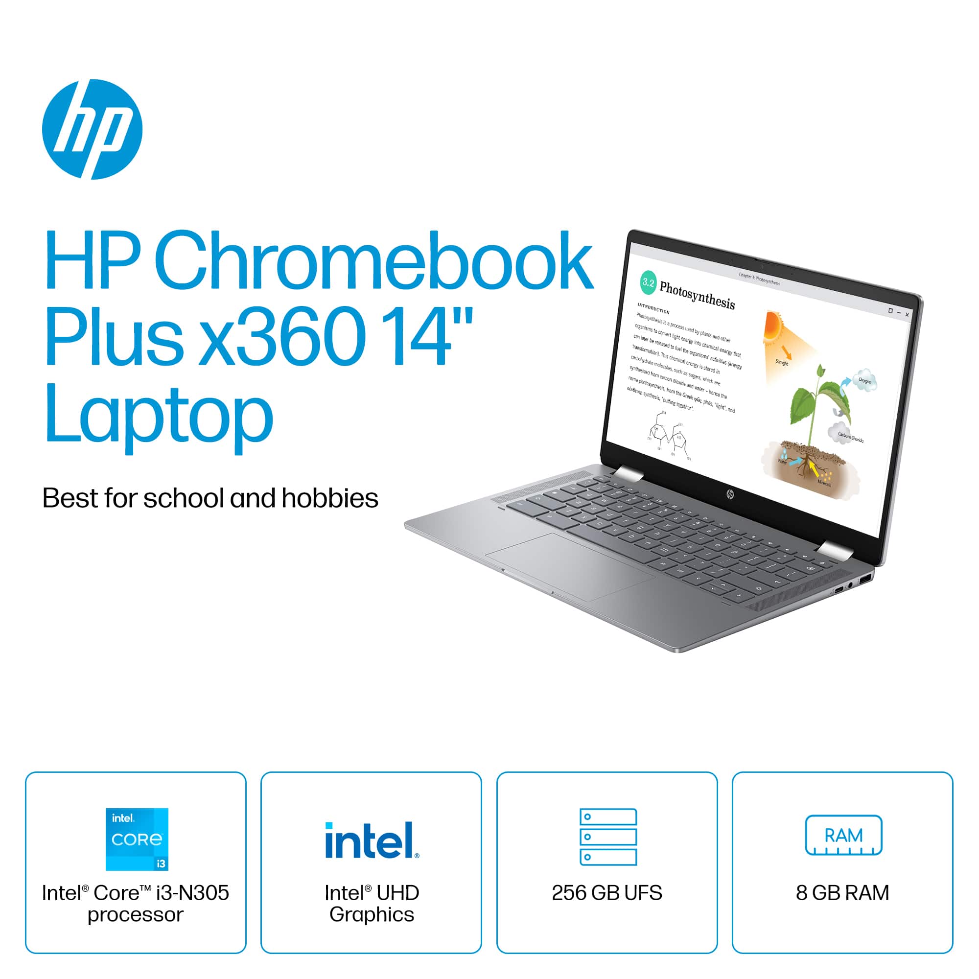 HP Chromebook 3.2 - Photosynthesis Plus x360 14" - Best for school and hobbies - Intel Core i3-N305 processor - Intel UHD Graphics - 256 GB UFS RAM - 8 GB RAM - Laptop