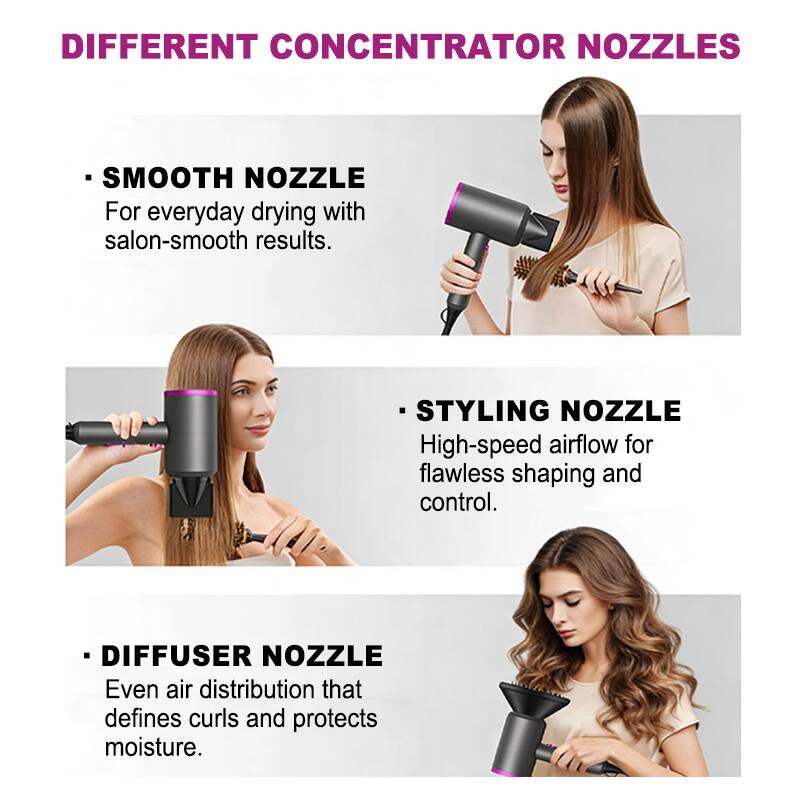 DIFFERENT CONCENTRATOR NOZZLES

- SMOOTH NOZZLE
  For everyday drying with salon-smooth results.

- STYLING NOZZLE
  High-speed airflow for flawless shaping and control.

- DIFFUSER NOZZLE
  Even air distribution that defines curls and protects moisture.