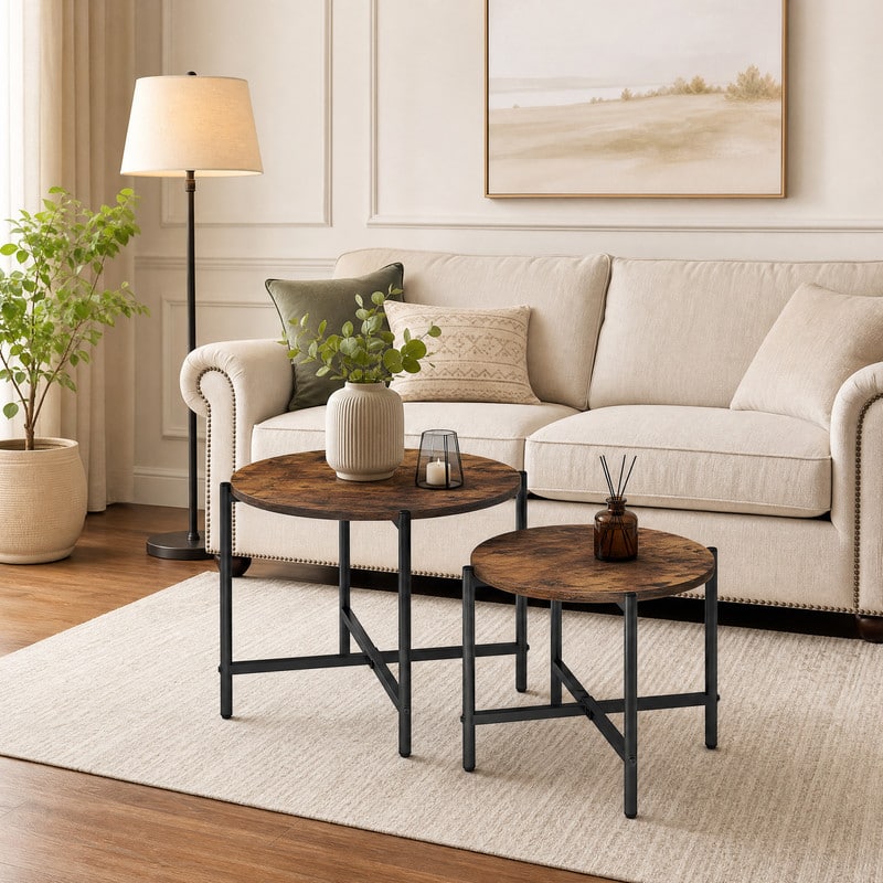 WELLFOR - Set of 2 Round Coffee Table with Metal Frame, Industrial Nesting Center Table End Tables for Apartment Home Office - Rustic Brown