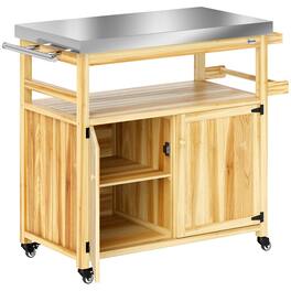 Outsunny - Grill Cart w/ Stainless Steel Top, Solid Wood Outdoor Kitchen Island w/ Wheels, Storage Cabinets - Natural Wood