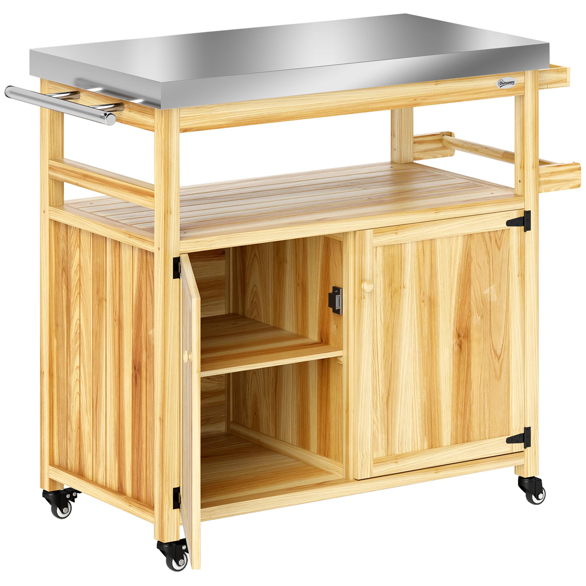 Front. Outsunny - Grill Cart w/ Stainless Steel Top, Solid Wood Outdoor Kitchen Island w/ Wheels, Storage Cabinets - Natural Wood.