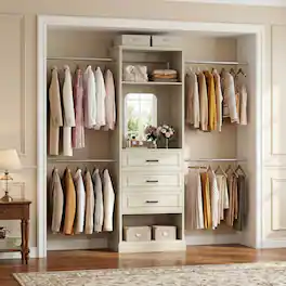 Aheaplus - 26'' - 110'' W Adjustable Closet Organizer System with 3 Drawers, 4 Retractable Hanging Rods and Mirror - Beige Oak