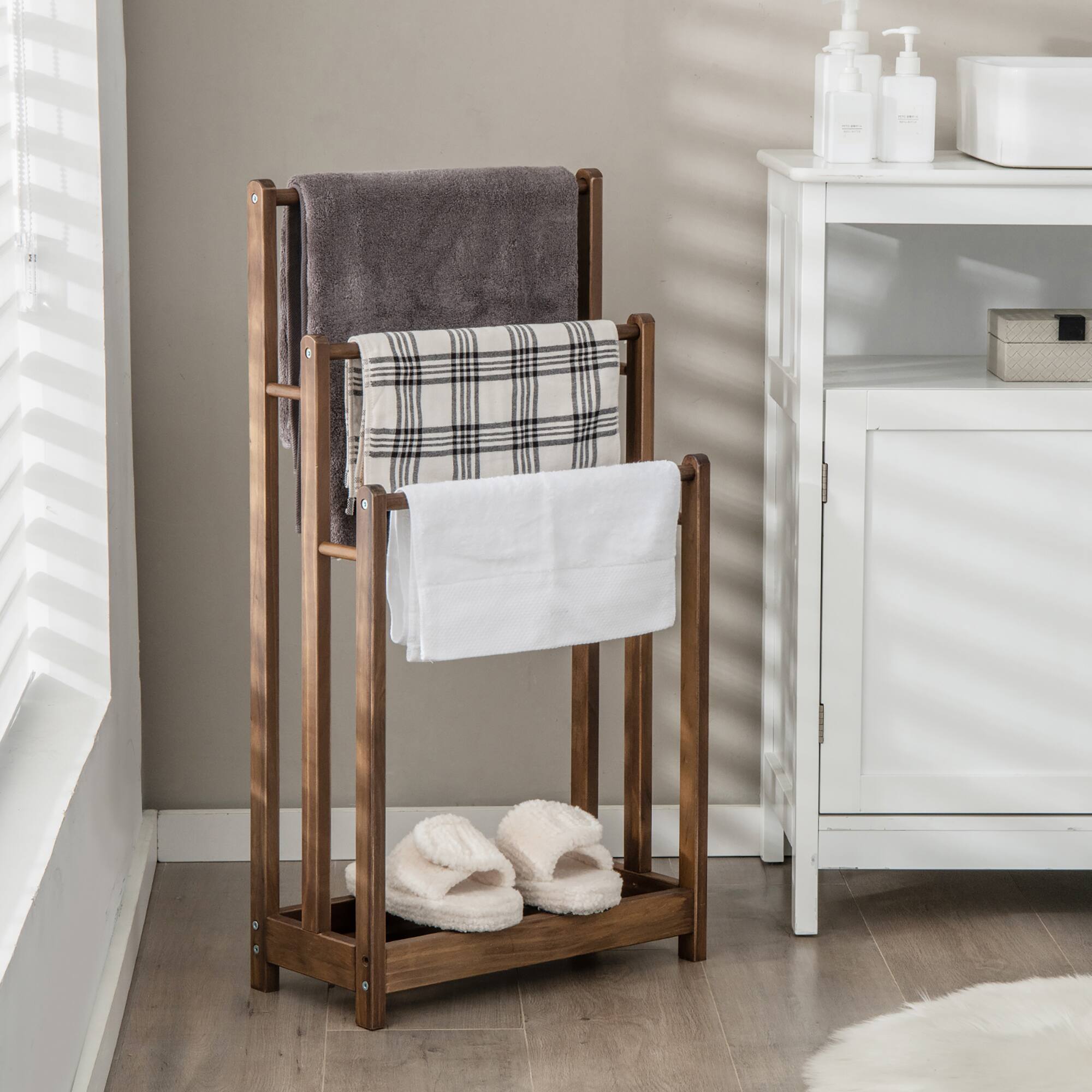Alt View 1. Gymax - Gymax 3-Bar Freestanding Towel Rack w/ Bottom Storage Shelf Anti-toppling Device Rustic Brown - Rustic Brown.