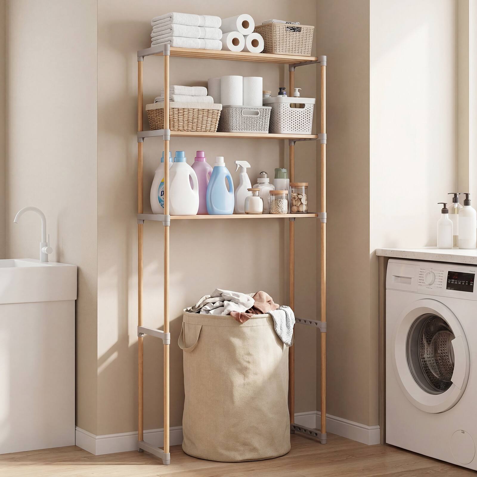 Alt View 1. Gymax - Gymax Over The Toilet Storage Rack 3-Tier Pine Wood Bathroom Organizer w/ Open Shelves - Grey.