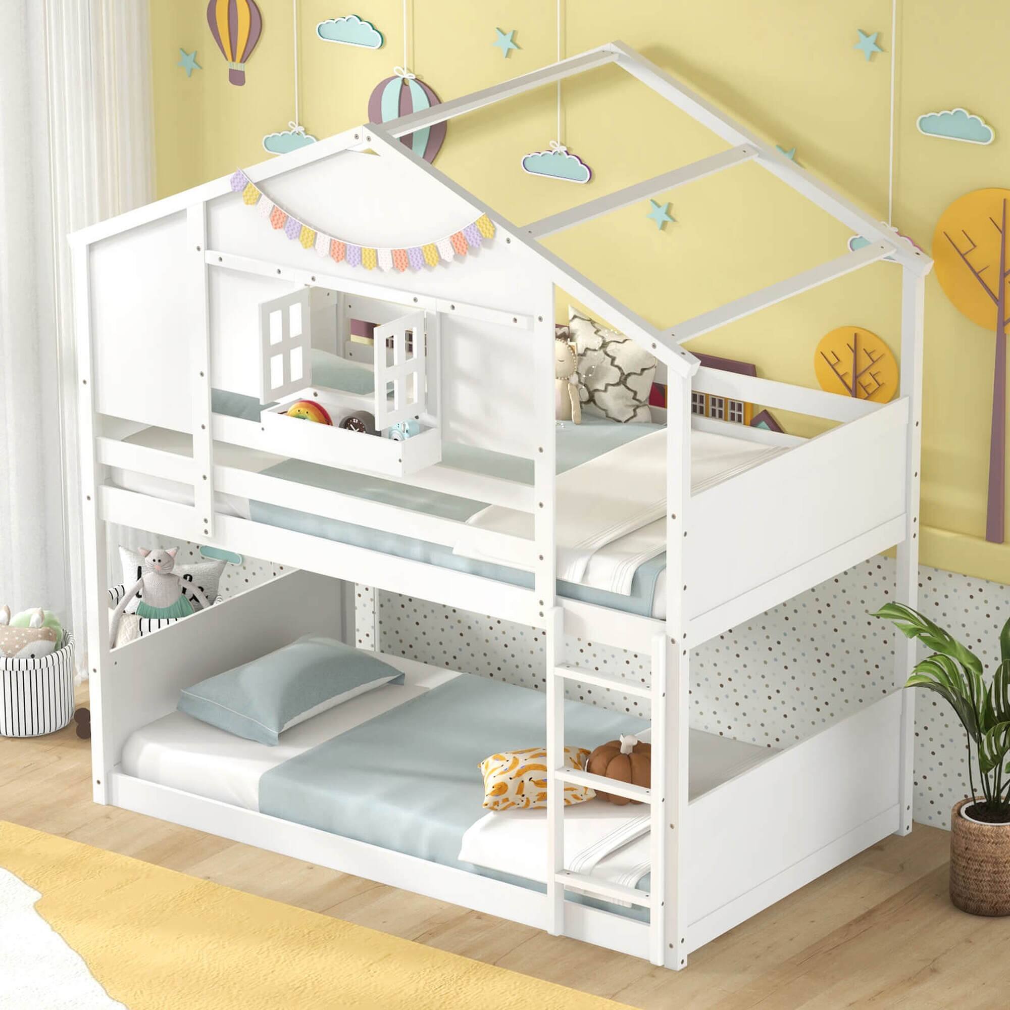 Alt View 3. Costway - Costway Twin Over Twin Bunk Bed for Kids with Roof Lockable Window Storage Box Wood Slats - White.