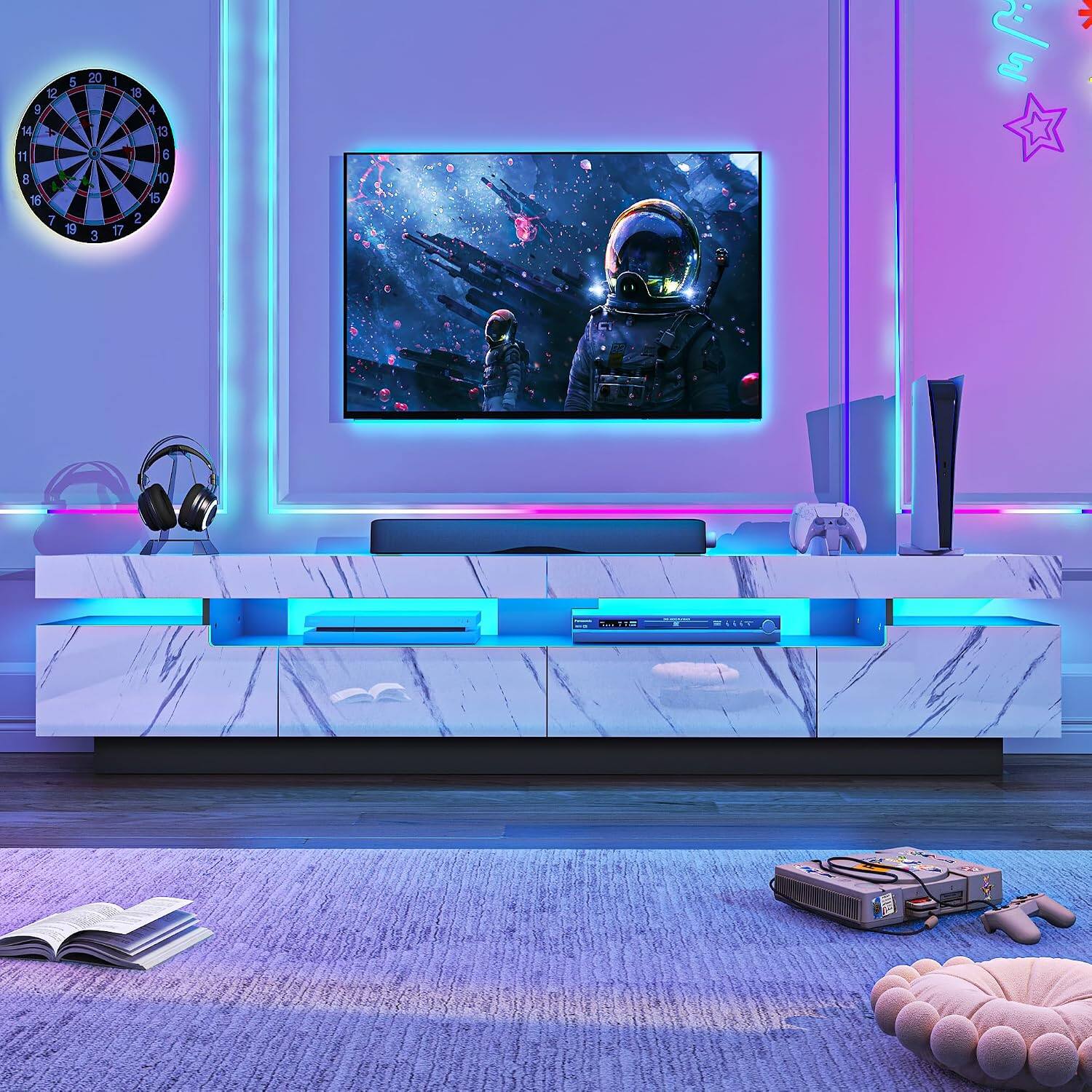 Left. Espafurni - 82.7" TV Stand for 75 - 90" TVs - Modern LED Storage Drawer, APP - RGB Light - Marbling White.