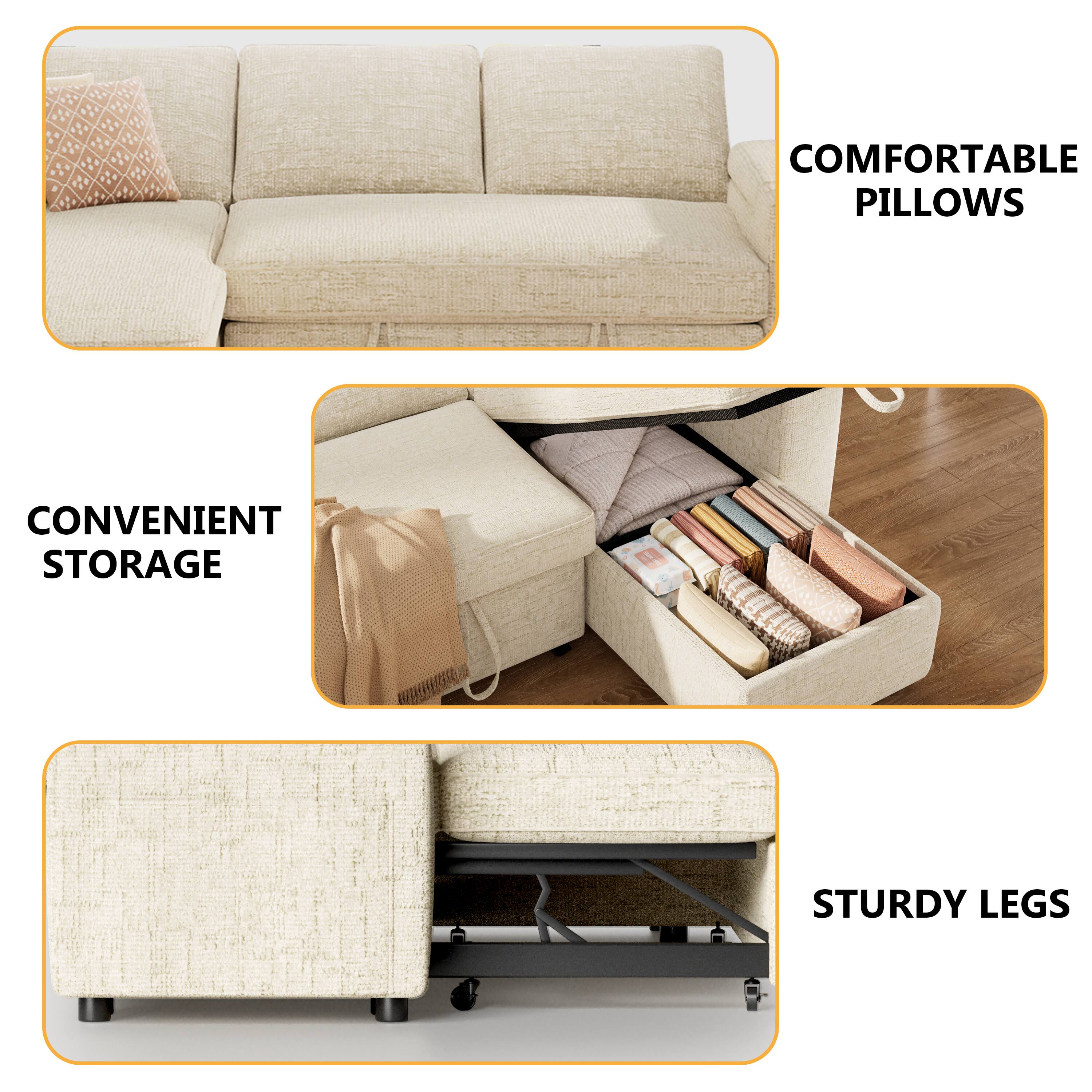 Alt View 4. Dyonery - Dyonery 81-inch foldable sofa with built-in cup holders, storage compartments on the armrests, Chenille, beige - Beige.