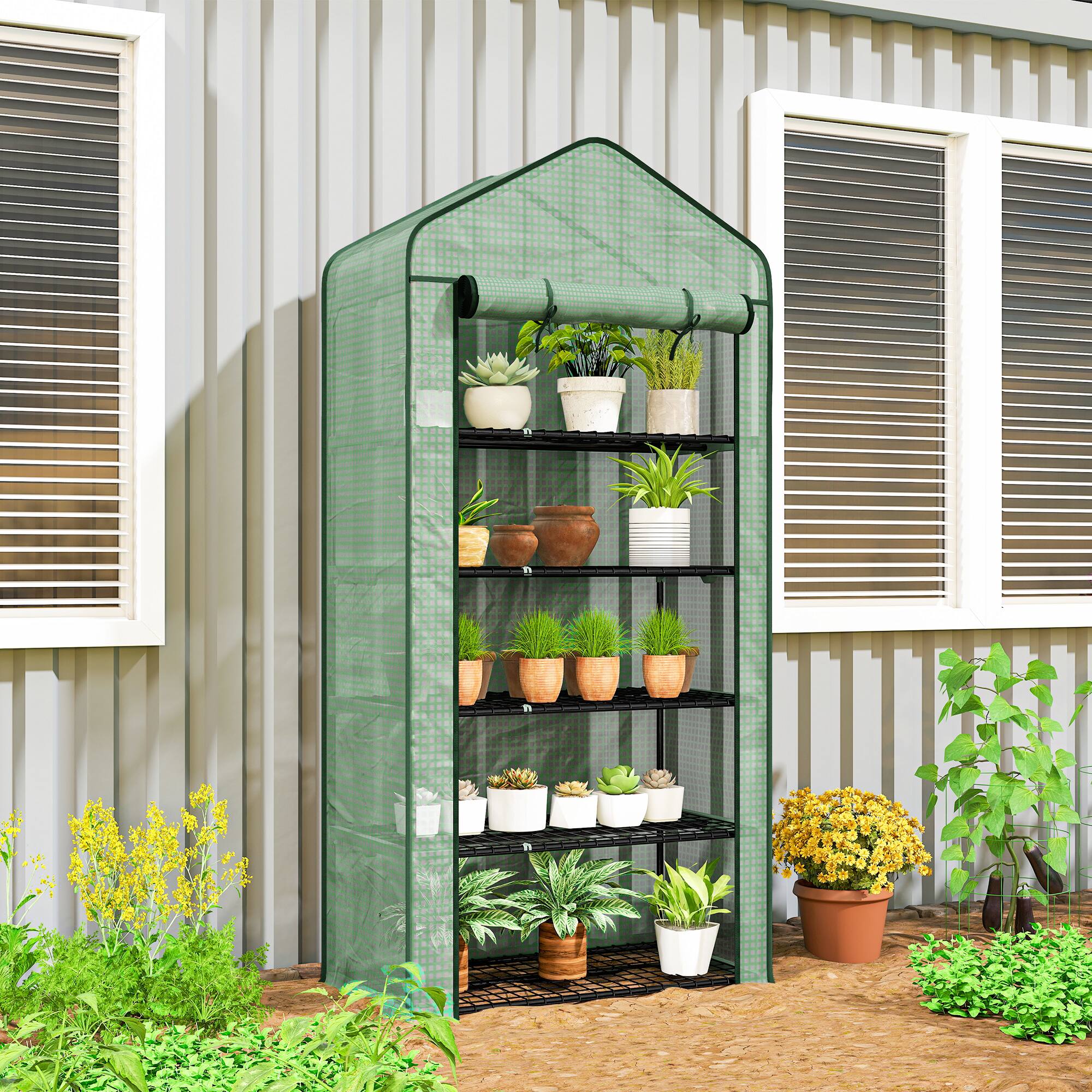 Alt View 1. Outsunny - 5 Tier Mini Greenhouse, 76" x 35.4" x 19.3" Small Portable Greenhouse with Reinforced PE Cover, Roll-Up Zippered Door.