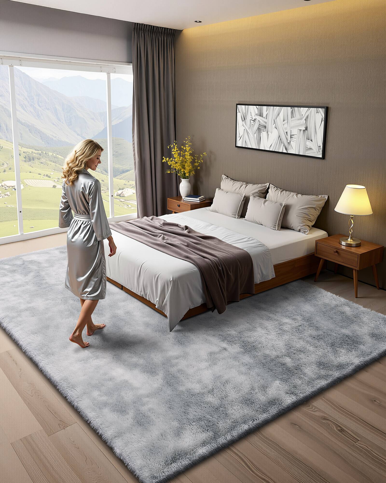 Angle. VEVOR - Indoor Plush Area Rugs, 9 x 12 ft Soft Plush Carpet, Furry Shag Area Rugs for Living Room, Bedroom, Modern Home Decor - Light grey.